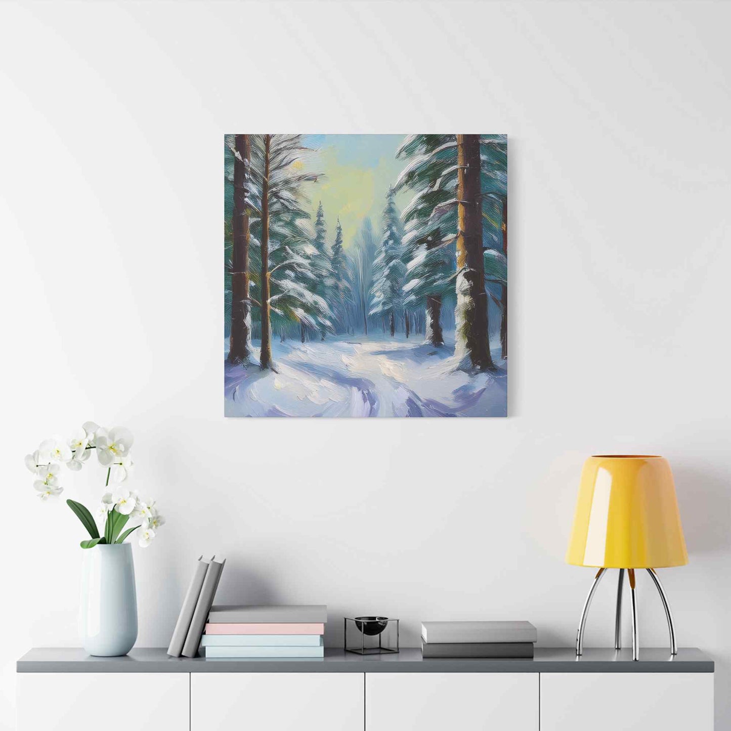 Snow Forest Print Canvas, Oil Paint Print 20x20, 24x24, 30x30, 32x32, 36x36 Art Design Print Pine-Wood Inner Frame MC-77