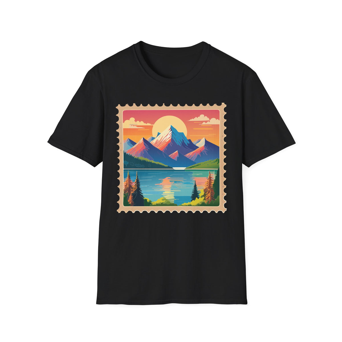 Vintage Mountain Sunset postage stamp T-Shirt | retro travel landscape