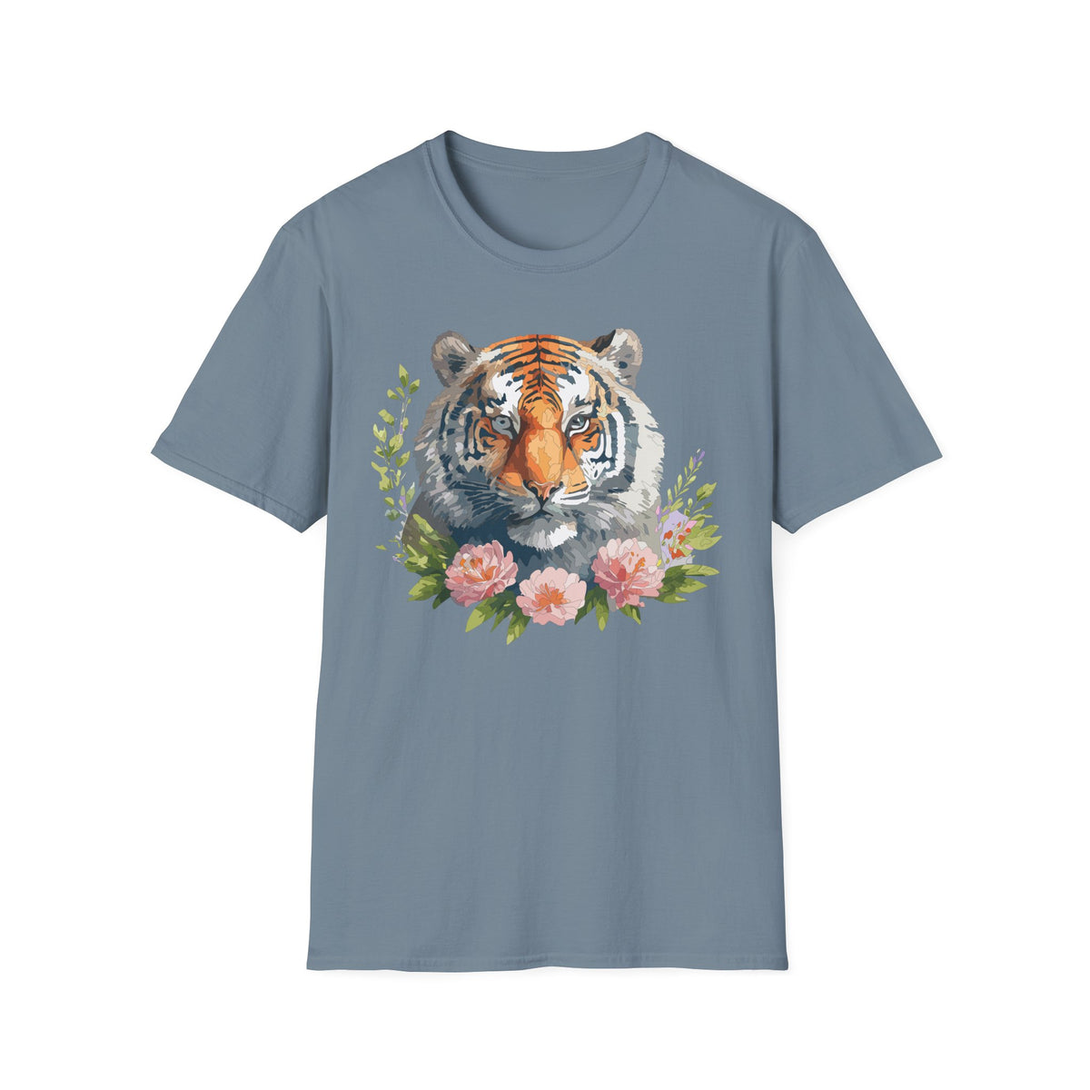 Watercolor Tiger Head T-Shirt | Floral Accents, Botanical Illustration