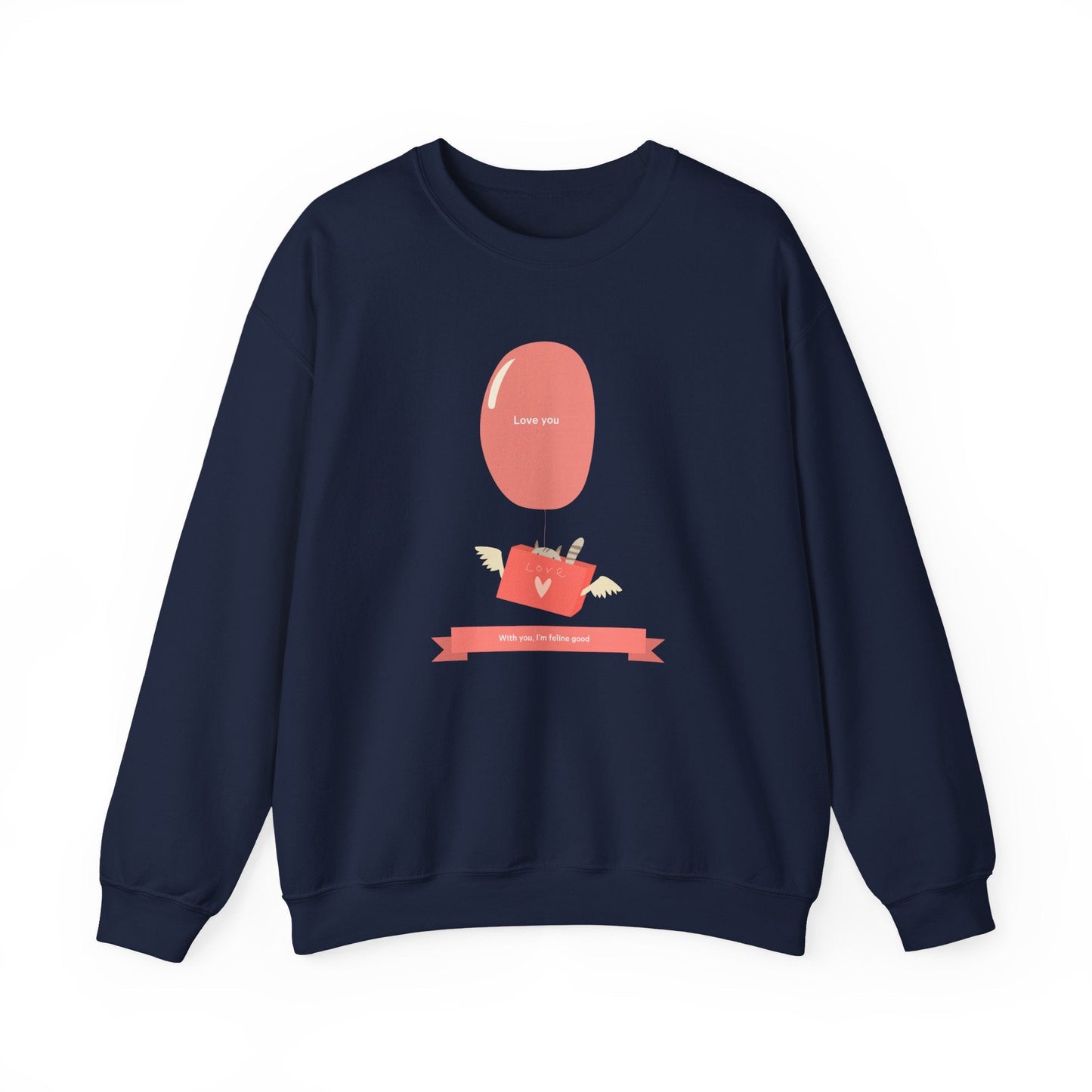 Cat Love Balloon Sweatshirt Unisex Fifty Fifty Cotton Poly Valentine Heavy Blend Crewneck Sweatshirt