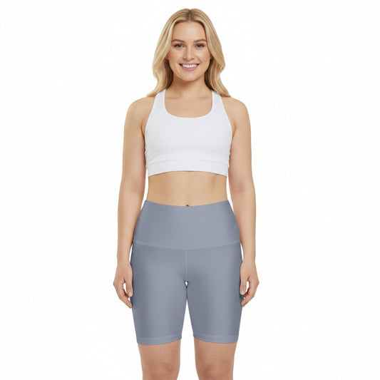Foggy Blue Women's Workout Shorts — Solid High-Waist Biker Shorts for Exercise & Everyday Wear