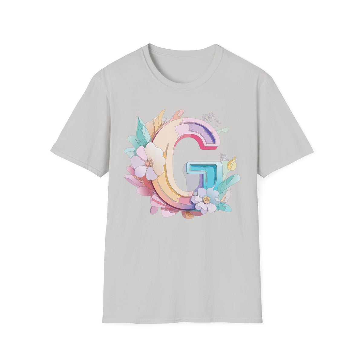 Floral Letter G T-Shirt | Monogram Initial Tee, Pastel Rainbow Blooms
