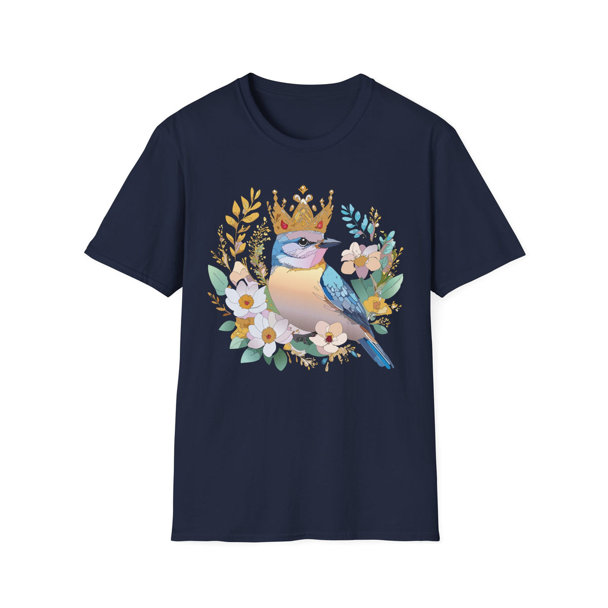 Crowned Bluebird Illustration T-Shirt | Floral Bird Crown Design