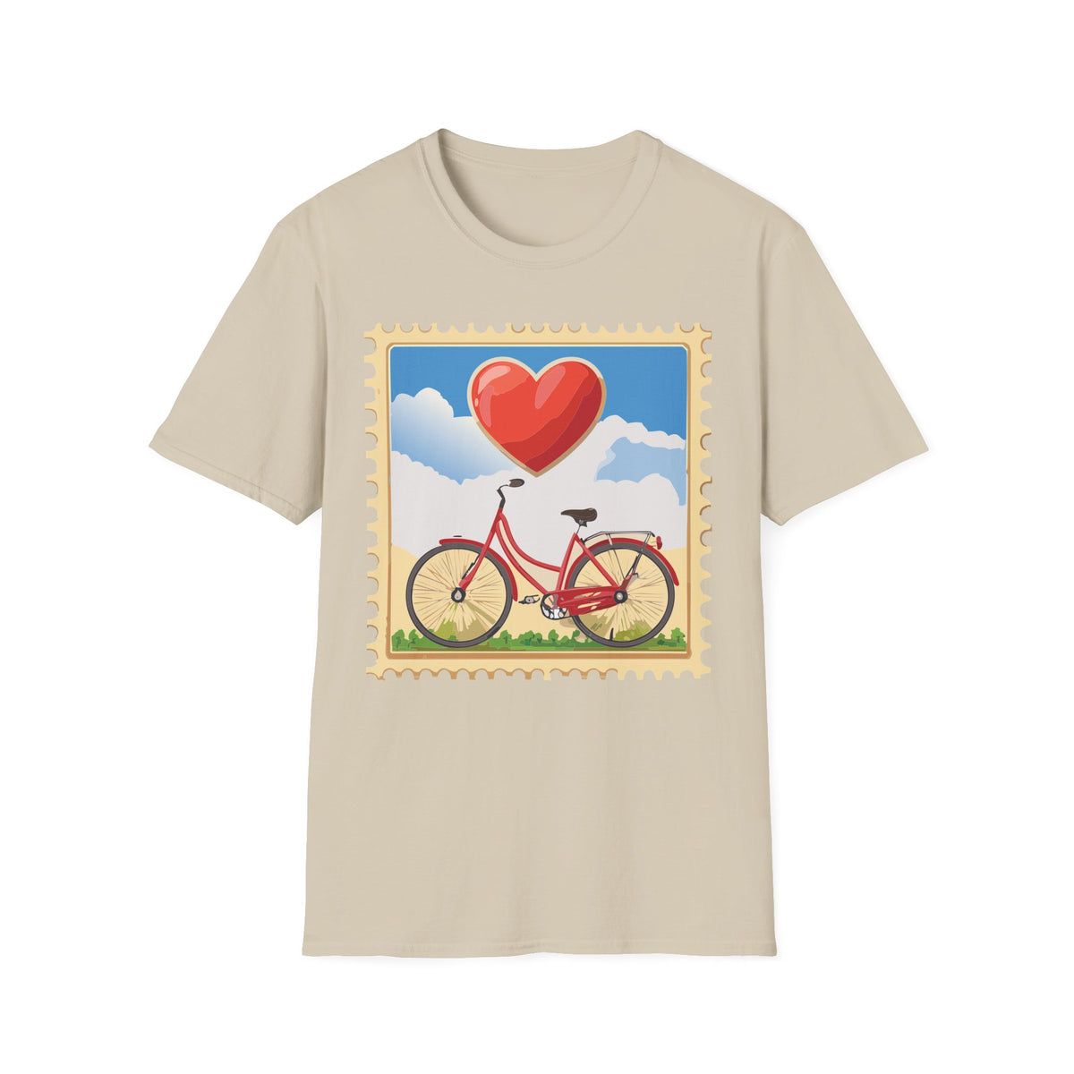 Heart Balloon Bicycle T-Shirt | Retro Stamp Illustration