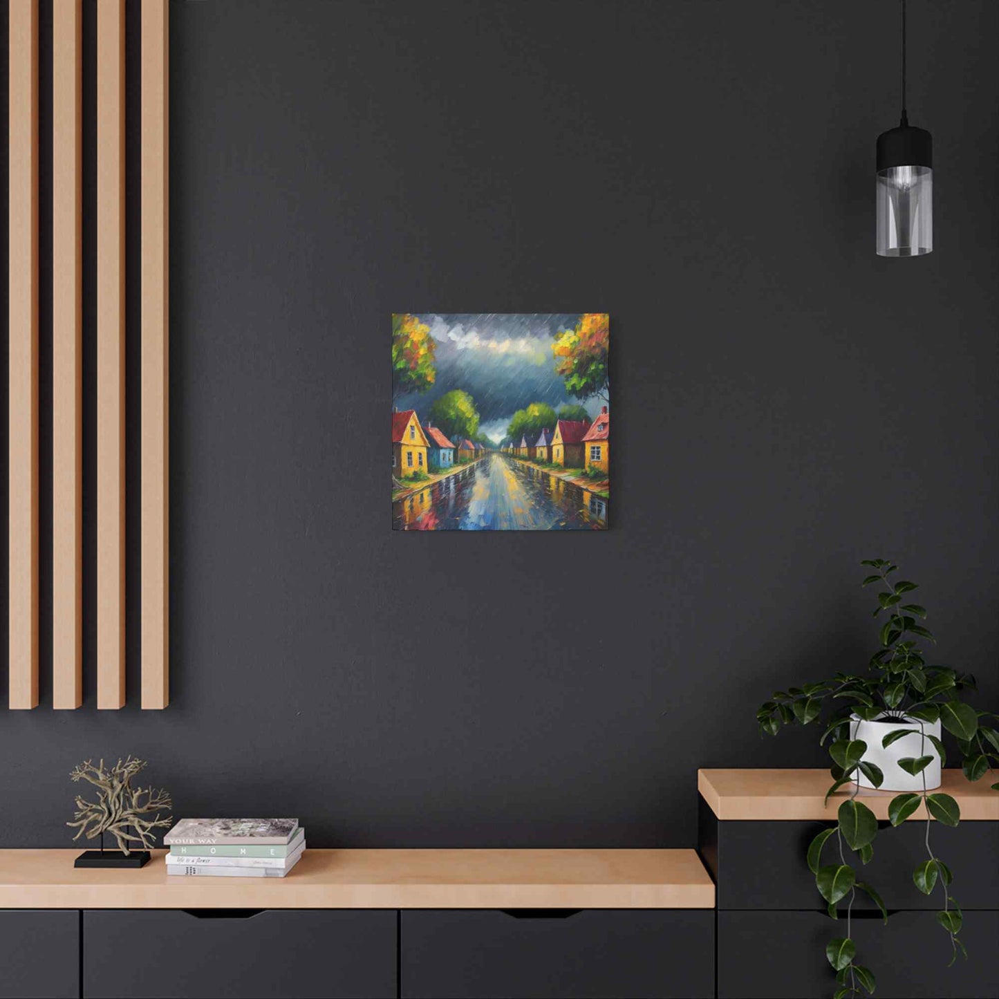 Rainy Village Street Canvas, Matte Oil Paint Print 20x20, 24x24, 30x30, 32x32, 36x36, Art Design Print Non-Frame MC-3