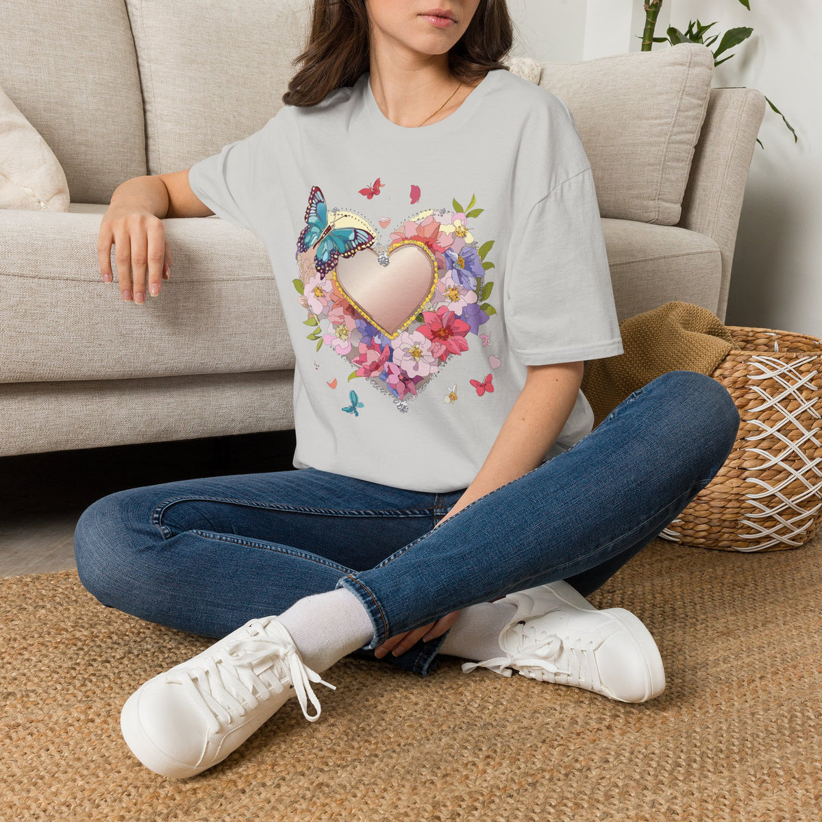 Butterfly Floral Heart Pink Gold Heart with Flowers and Butterflies Graphic Design Unisex 100 Cotton Gildan T-Shirt