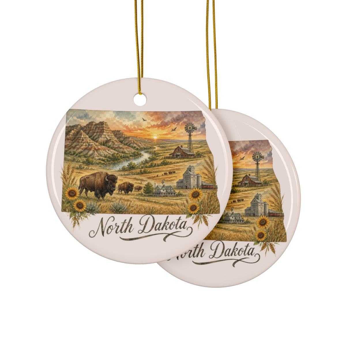 North Dakota Scenic Illustration Ornament | Ceramic Round Ornament - 2.99" Includes Gold String