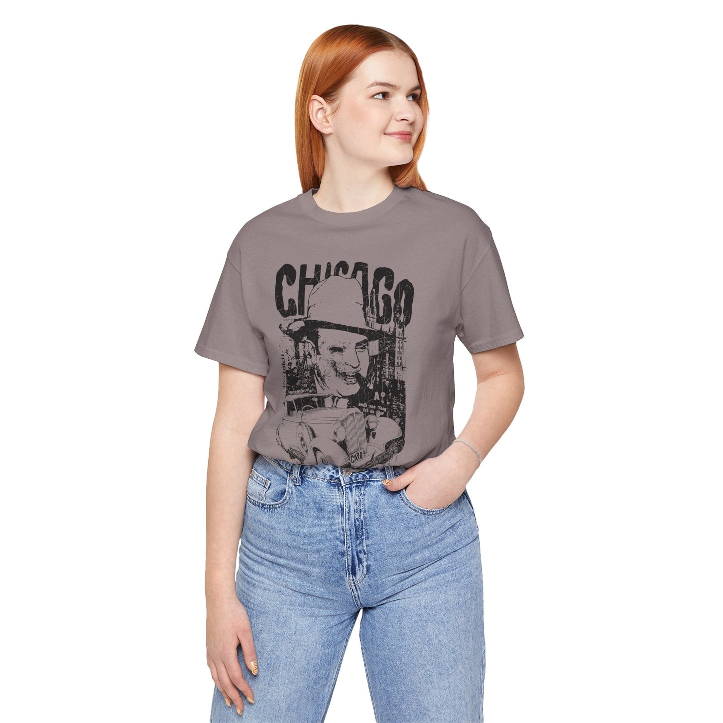 Chicago Retro Mobster Illustration Tee Vintage Car Cityscape Art Design T-Shirt A-8