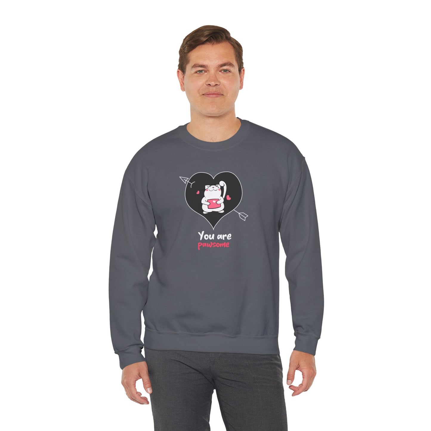 Cat Heart Sweatshirt Unisex Valentines Day Fifty Fifty Cotton Poly Crewneck Gildan 18000