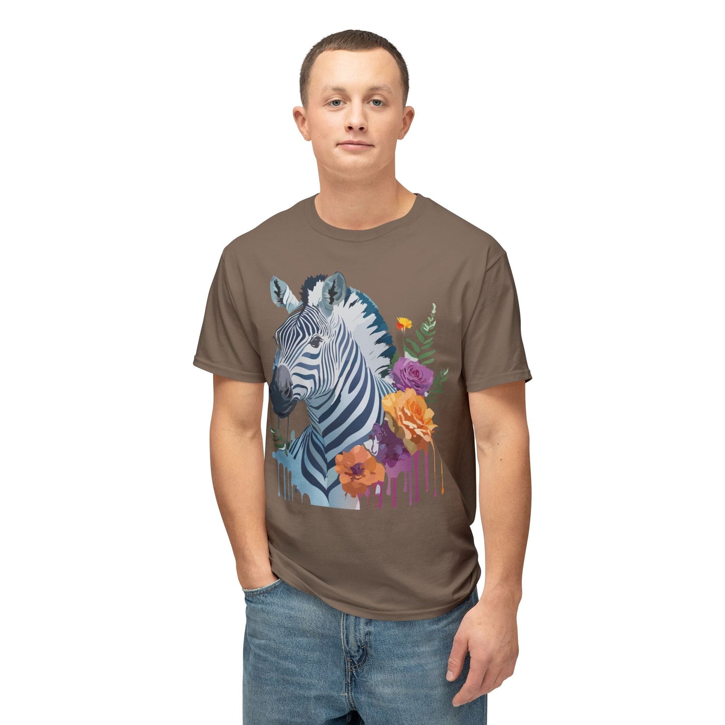 Unisex Zebra T Shirt With Floral Art Print Premium HD Cotton Jersey Tee Made In USA