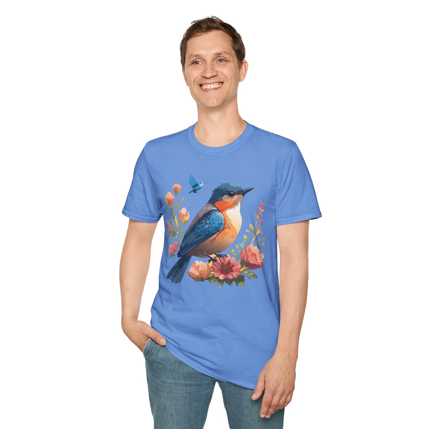 Unisex Floral Bird T Shirt Softstyle 64000 Gildan Ring Spun Cotton Tee Relaxed Fit