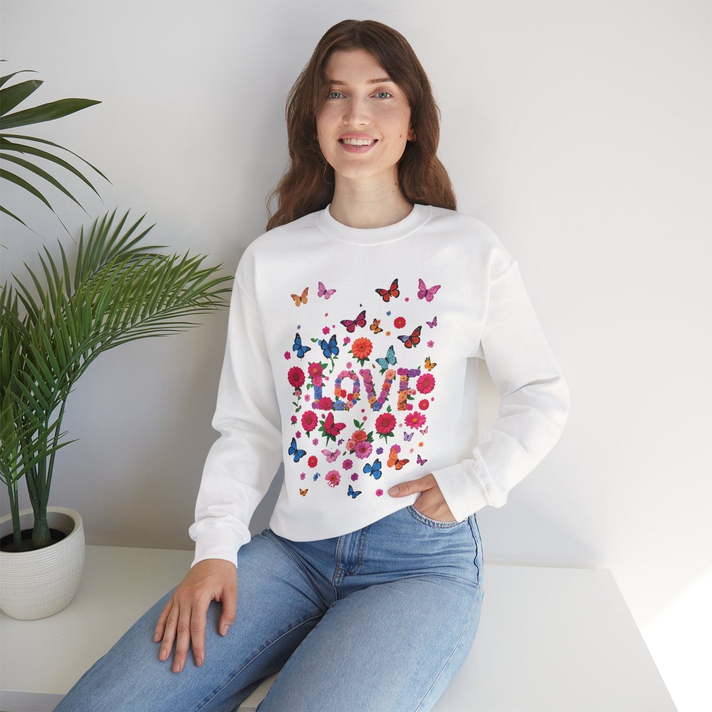 Unisex Floral Love Butterfly Sweatshirt Fifty Fifty Cotton Poly Valentine Day