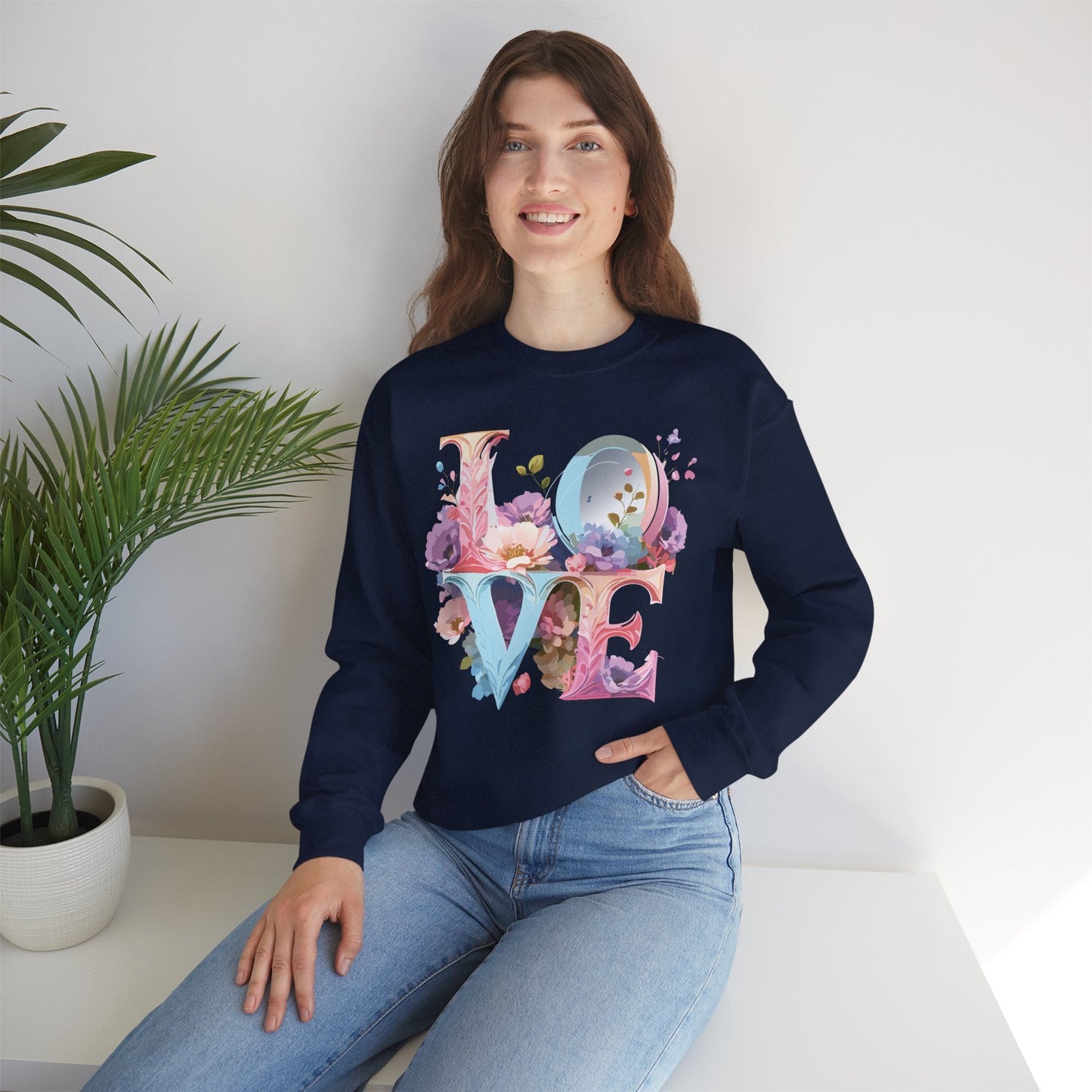 Floral Love Sweatshirt Unisex Crewneck Fifty Fifty Cotton Polyester Valentine Gift