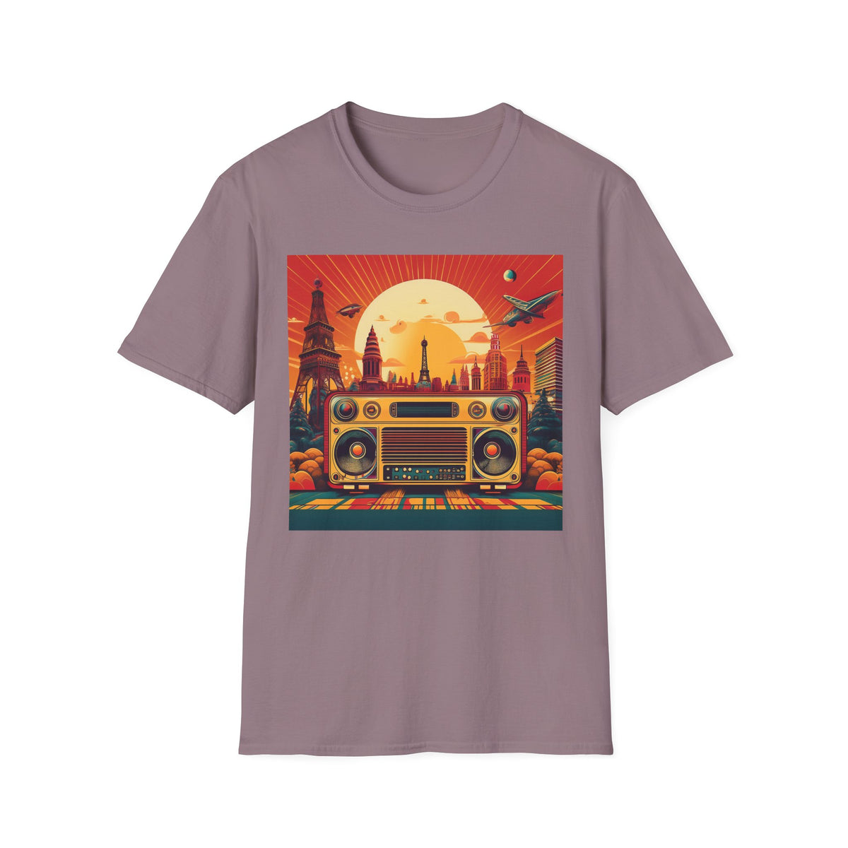 Retro Boombox Sunset Cityscape Graphic Posters, Post Stamps Design Unisex 100 Cotton Gildan T-Shirt