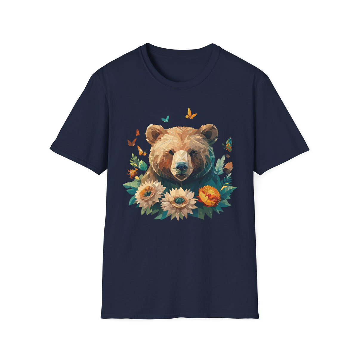 Floral Bear Illustration T-Shirt | Bear with Sunflowers and Butterflies