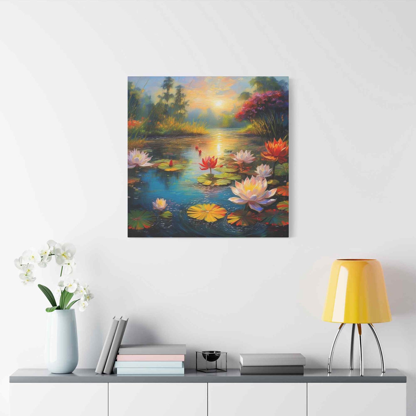 Water Lilies Print Canvas, Oil Paint Print 20x20, 24x24, 30x30, 32x32, 36x36 Floral Art Print Pine-Wood Inner Frame MC-67