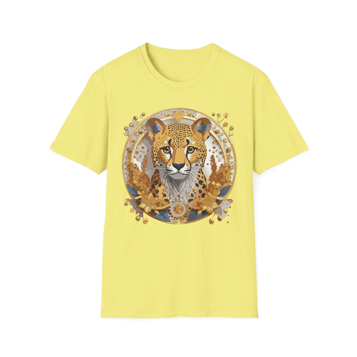 Golden Cheetah Face T-Shirt | Floral Accent, Boho Circle Design