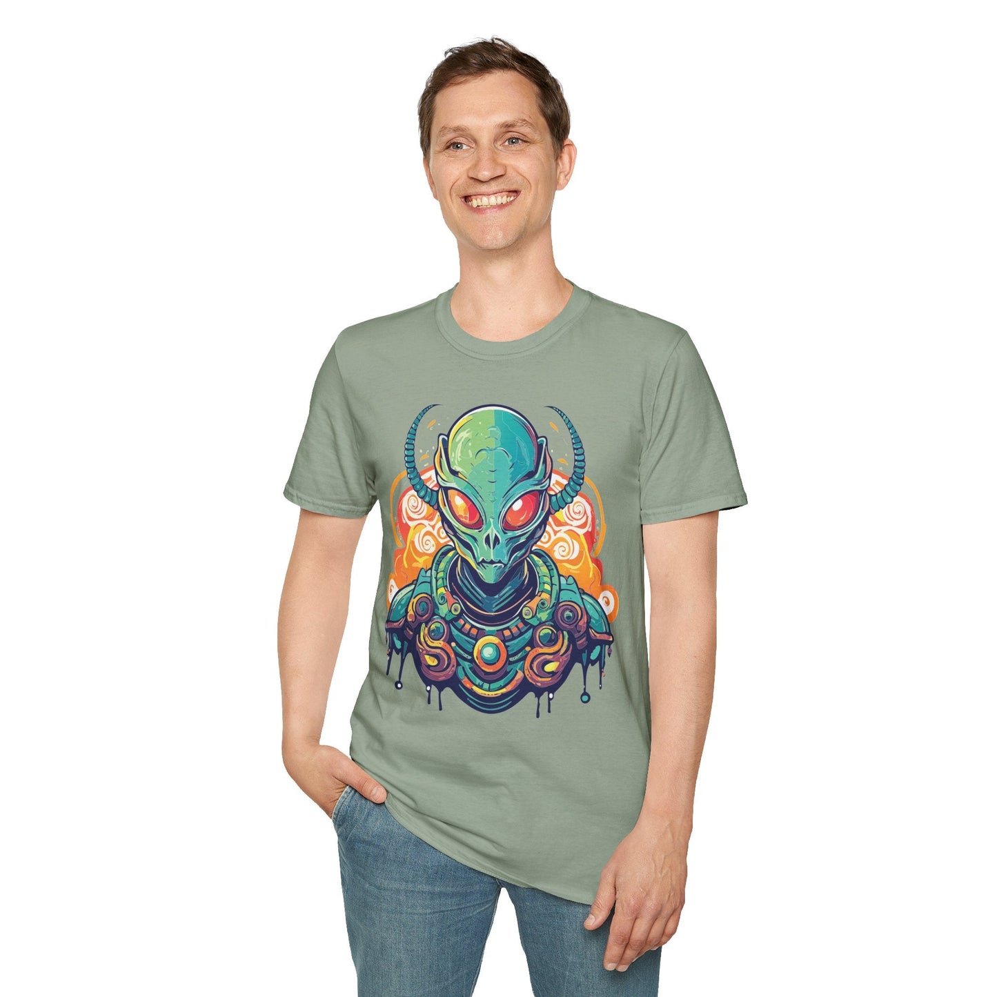 Cosmos Alien T Shirt Unisex Softstyle Cotton Tee With Space Artwork Graphic Design