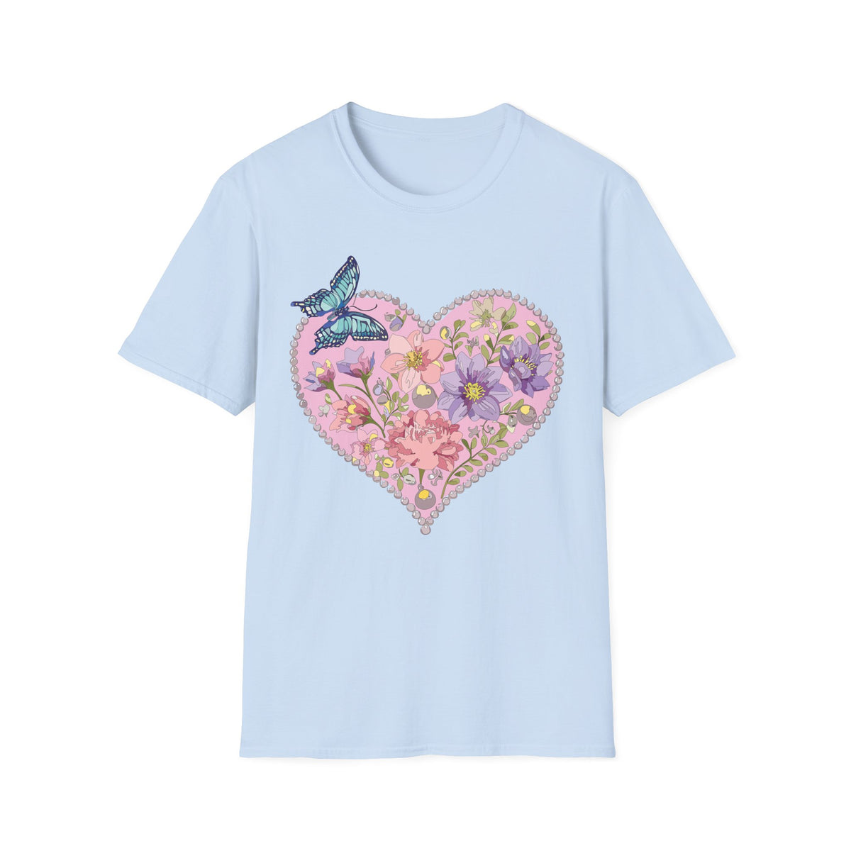 Floral Heart with Butterfly T-Shirt | Botanical Heart Graphic Tee Unisex 100 Cotton Gildan T-Shirt