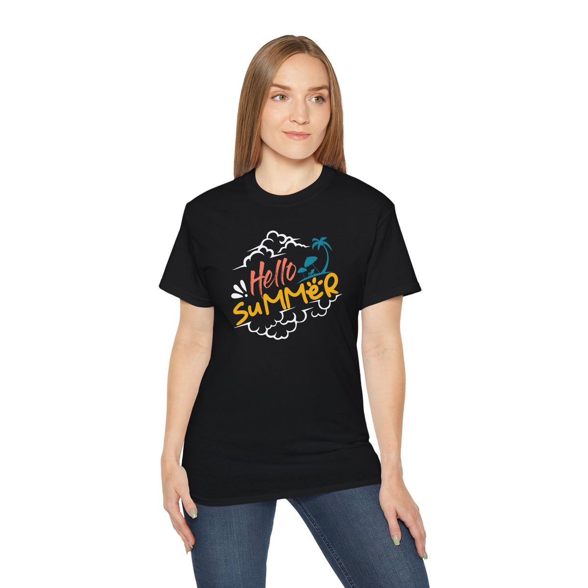 Hello Summer palm graphic Tee | beach vibes, tropical script, casual summer top