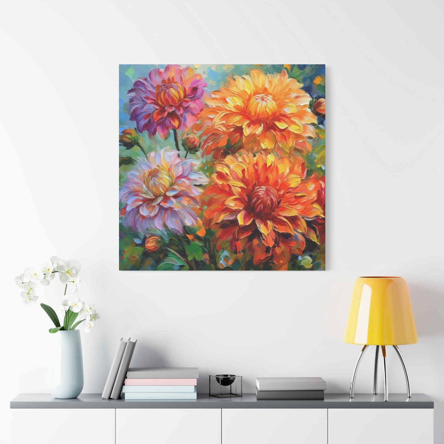Dahlias Floral Print Canvas, Floral Oil Paint Print 20x20, 24x24, 30x30, 32x32, 36x36 Art Design Pine-Wood Inner Frame MC-166