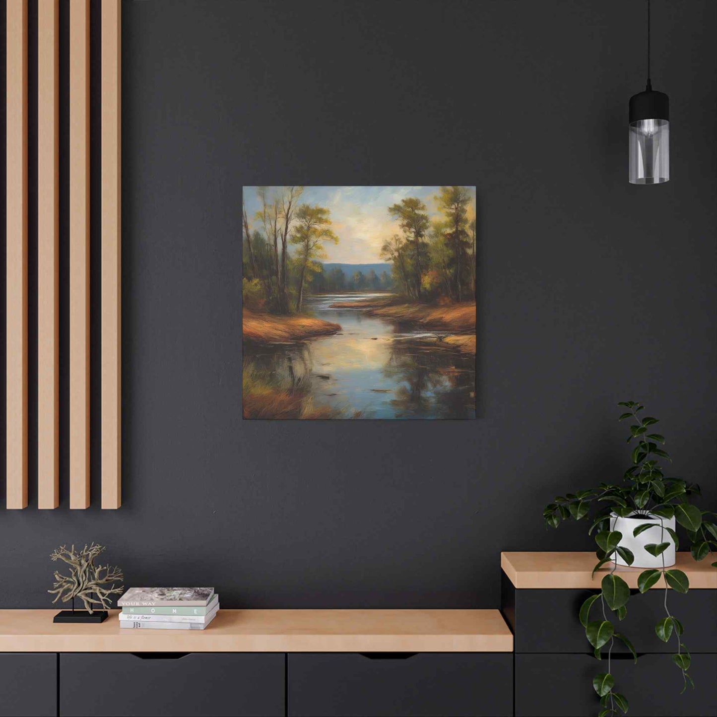 River Print Canvas, Landscape Oil Paint Print 20x20, 24x24, 30x30, 32x32, 36x36 Art Design Print Pine-Wood Inner Frame MC-51