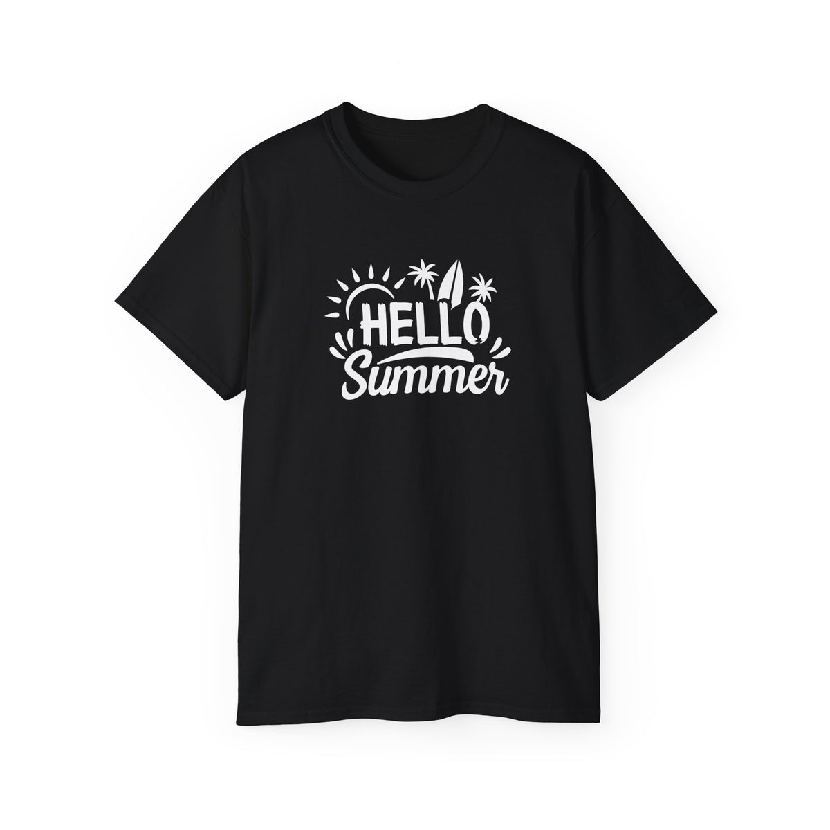 Hello Summer surfboard palm trees T-Shirt | Summer beach graphic tee