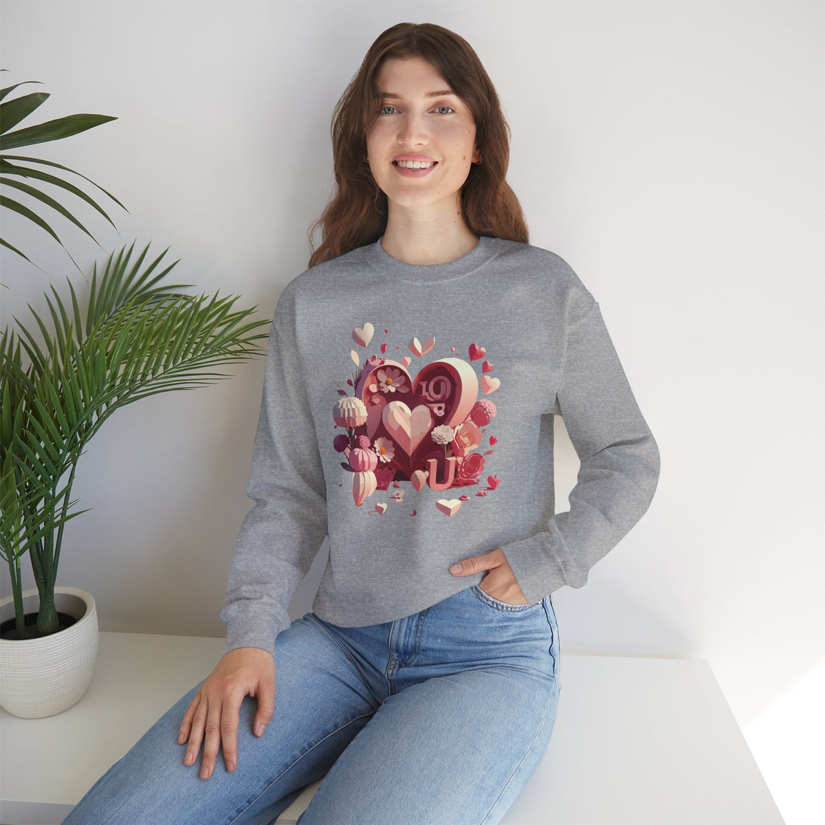Unisex Floral Big Heart Sweatshirt, Love Floral Sweatshirt, Floral Heart Sweatshirt, 50/50 Cotton-Poly Valentine's Day Sweatshirt 09