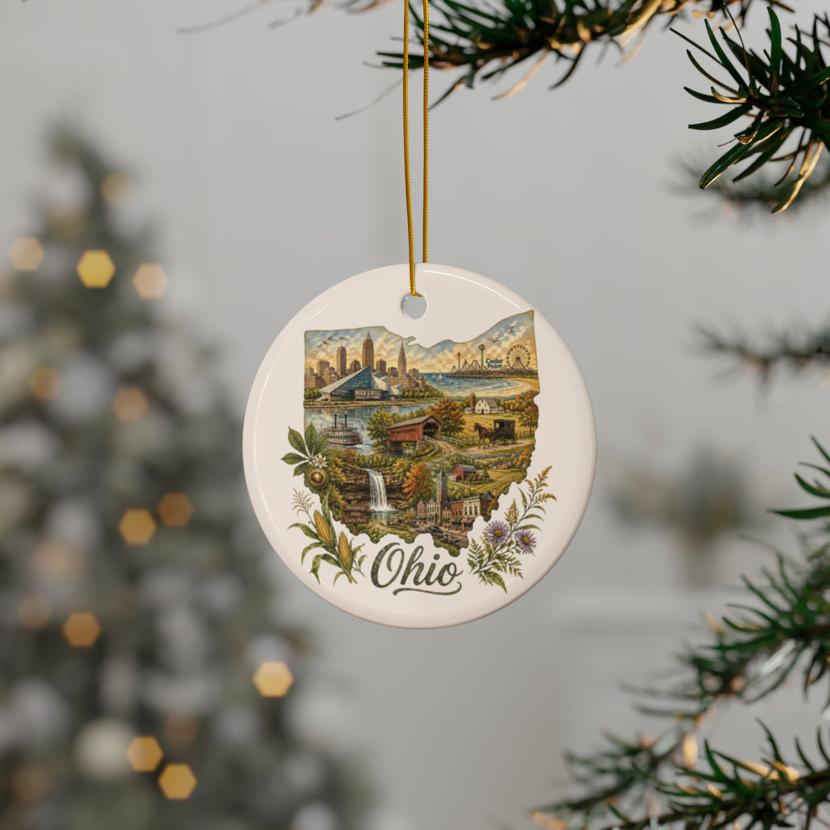 Ohio State Scenes Ceramic Ornament | Round Double-Sided Holiday Decoration - 2.99" Includes Gold String