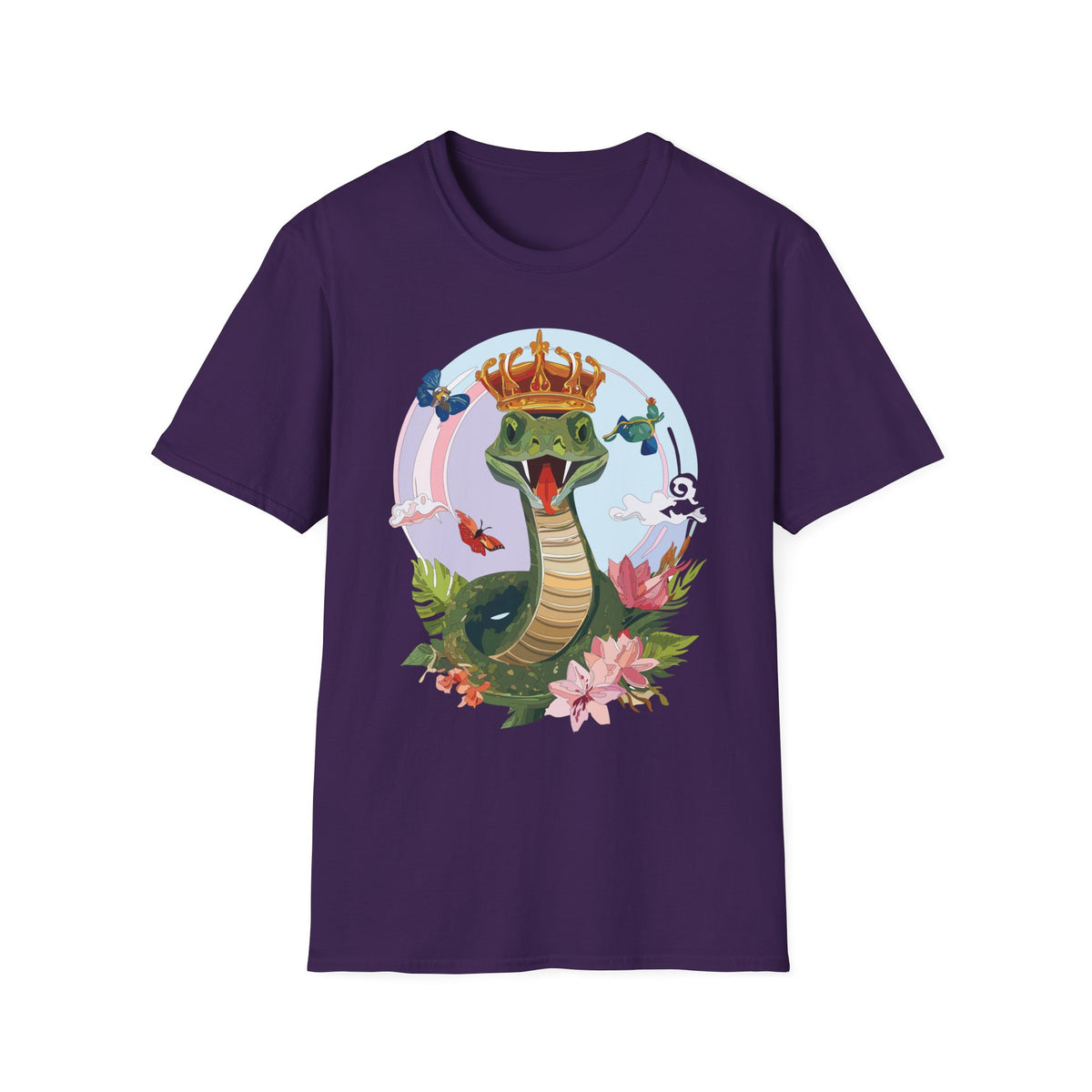 Crowned Snake Illustration T-Shirt | Regal Snake with Crown and Butterflies