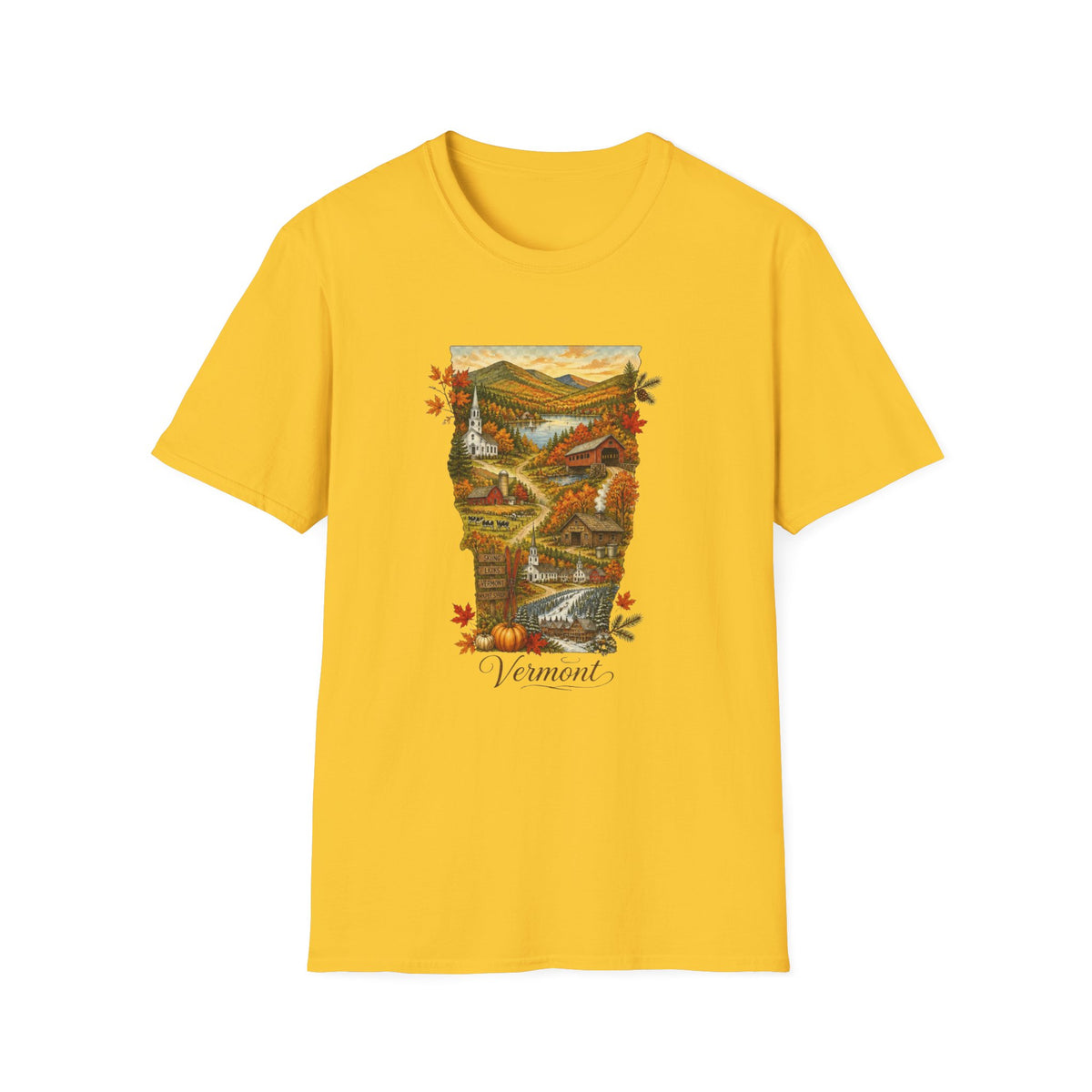 Vermont Fall Scenic T‑Shirt — Autumn Maple Leaves Landscape Travel Tourist Graphic Design Unisex 100 Cotton Gildan T-Shirt