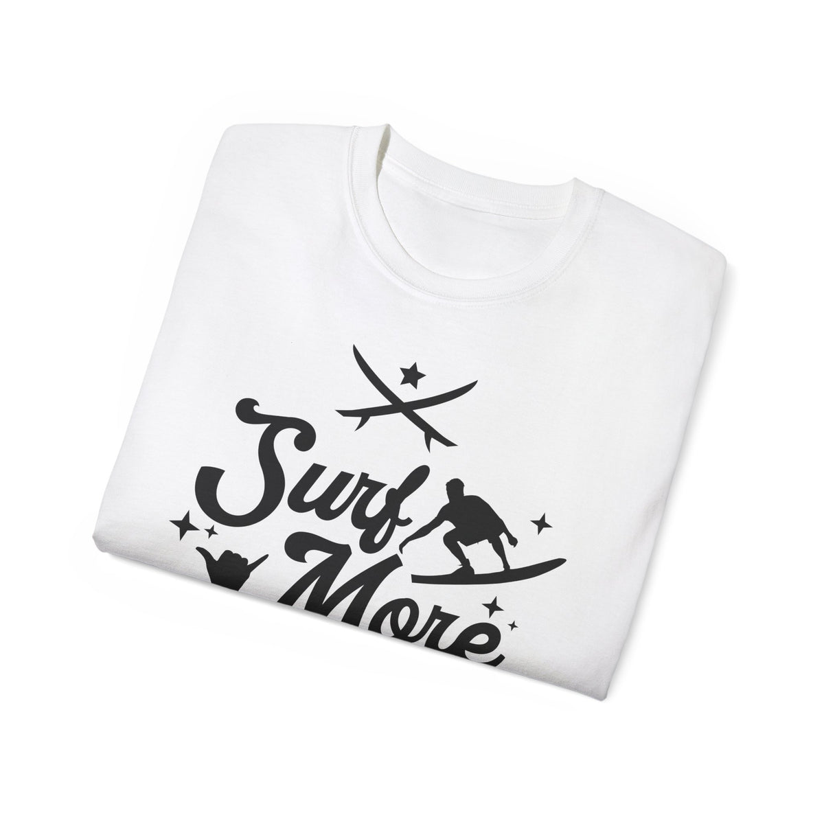 Surf More surfboard graphic Tee | surfer silhouette, waves, retro script