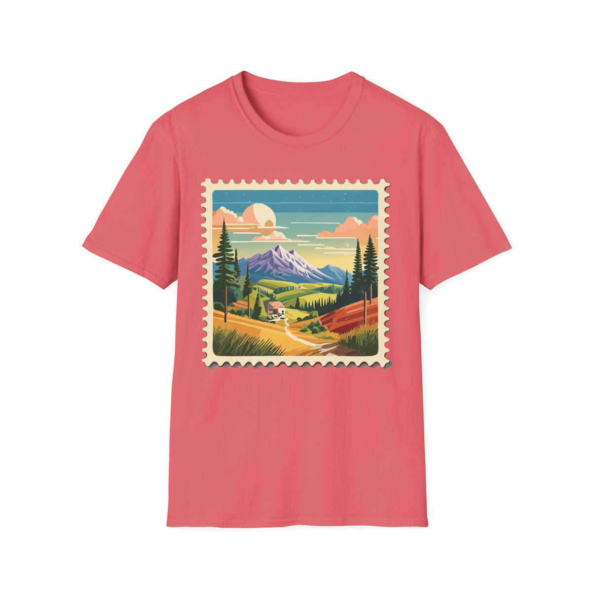 Mountain Landscape Stamp T-Shirt | Retro Sunset Scenic Tee