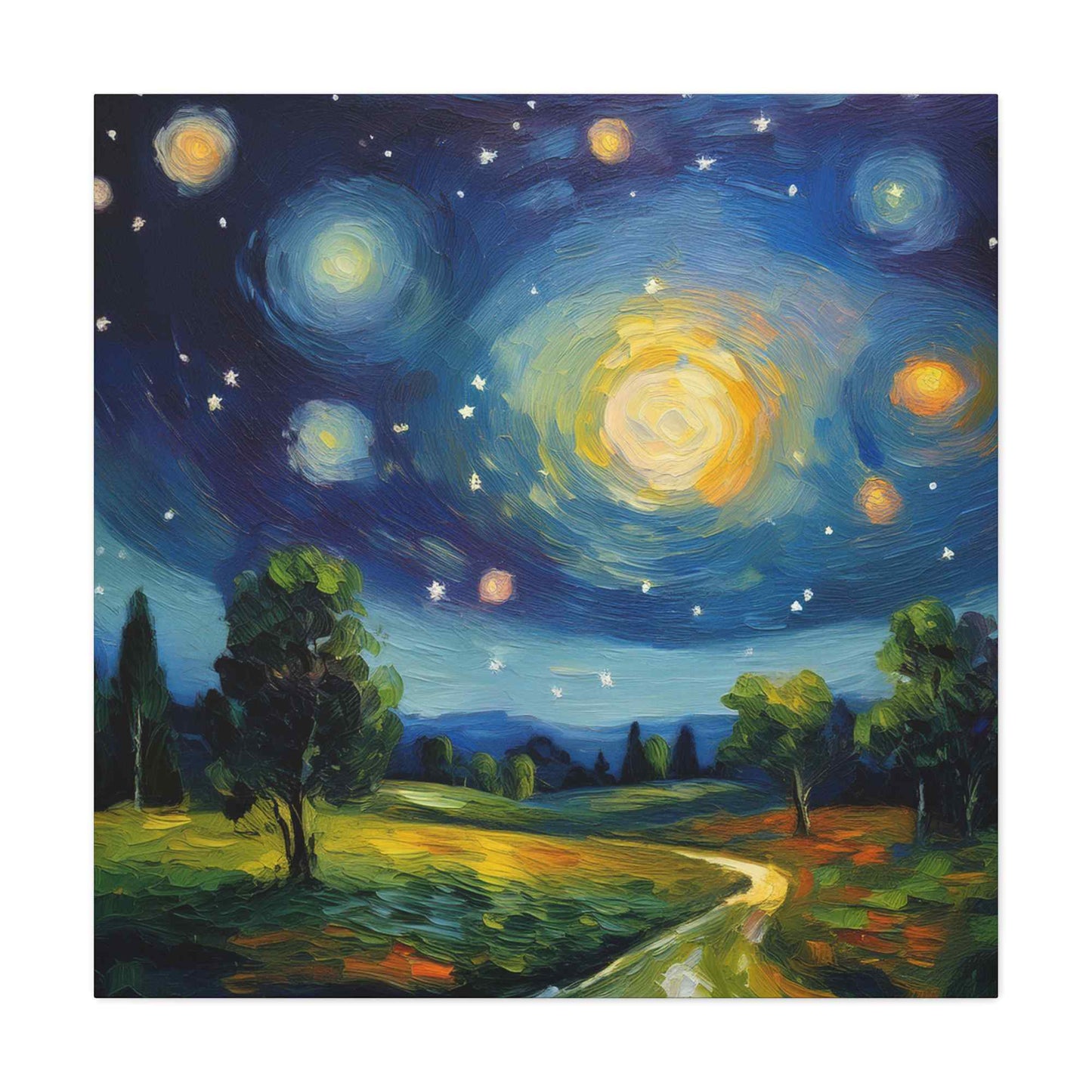 Starry Night Print Canvas, Oil Paint Print 20x20, 24x24, 30x30, 32x32, 36x36 Art Design Print Pine-Wood Inner Frame MC-40