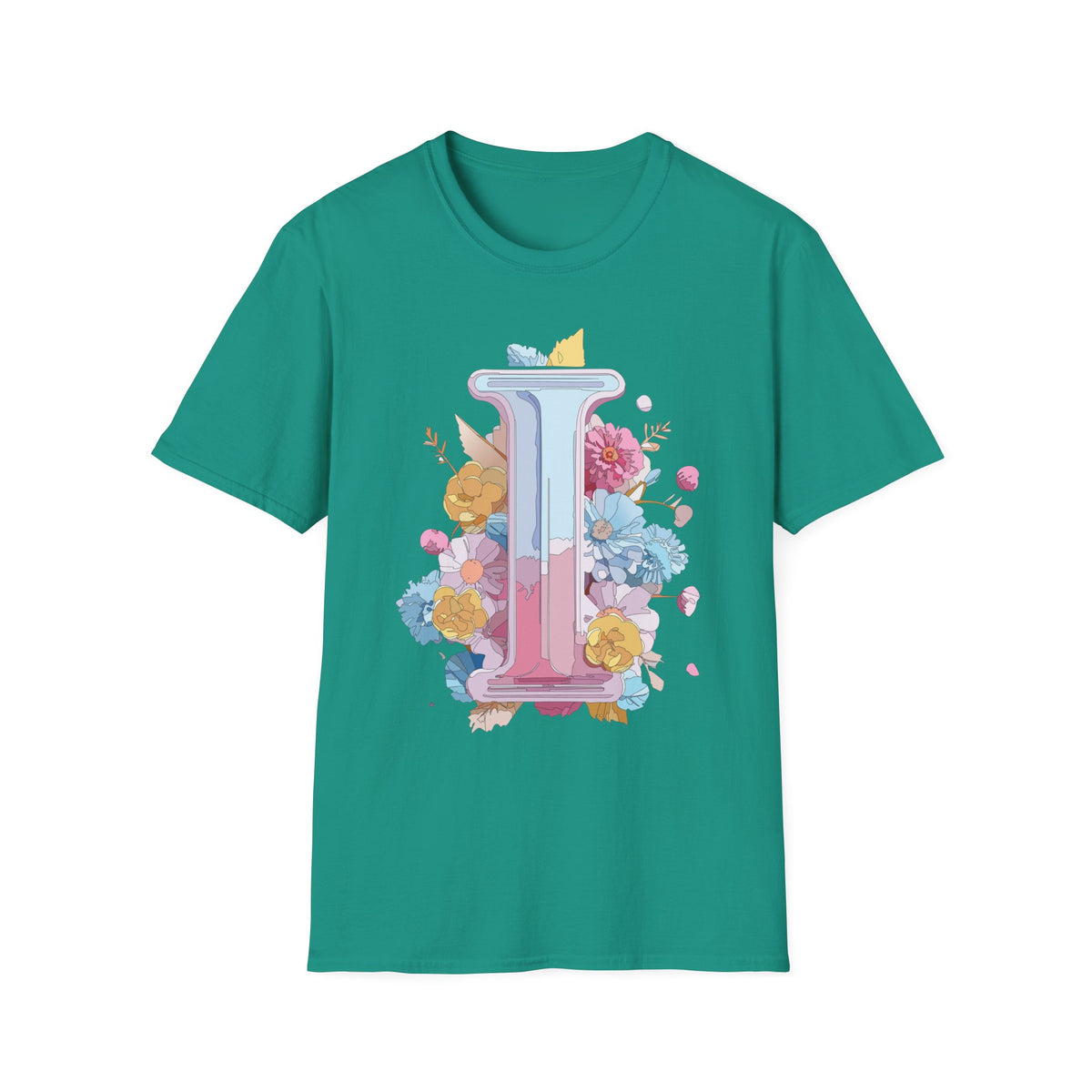 Floral Letter I T-Shirt | Pastel Monogram Initial Tee