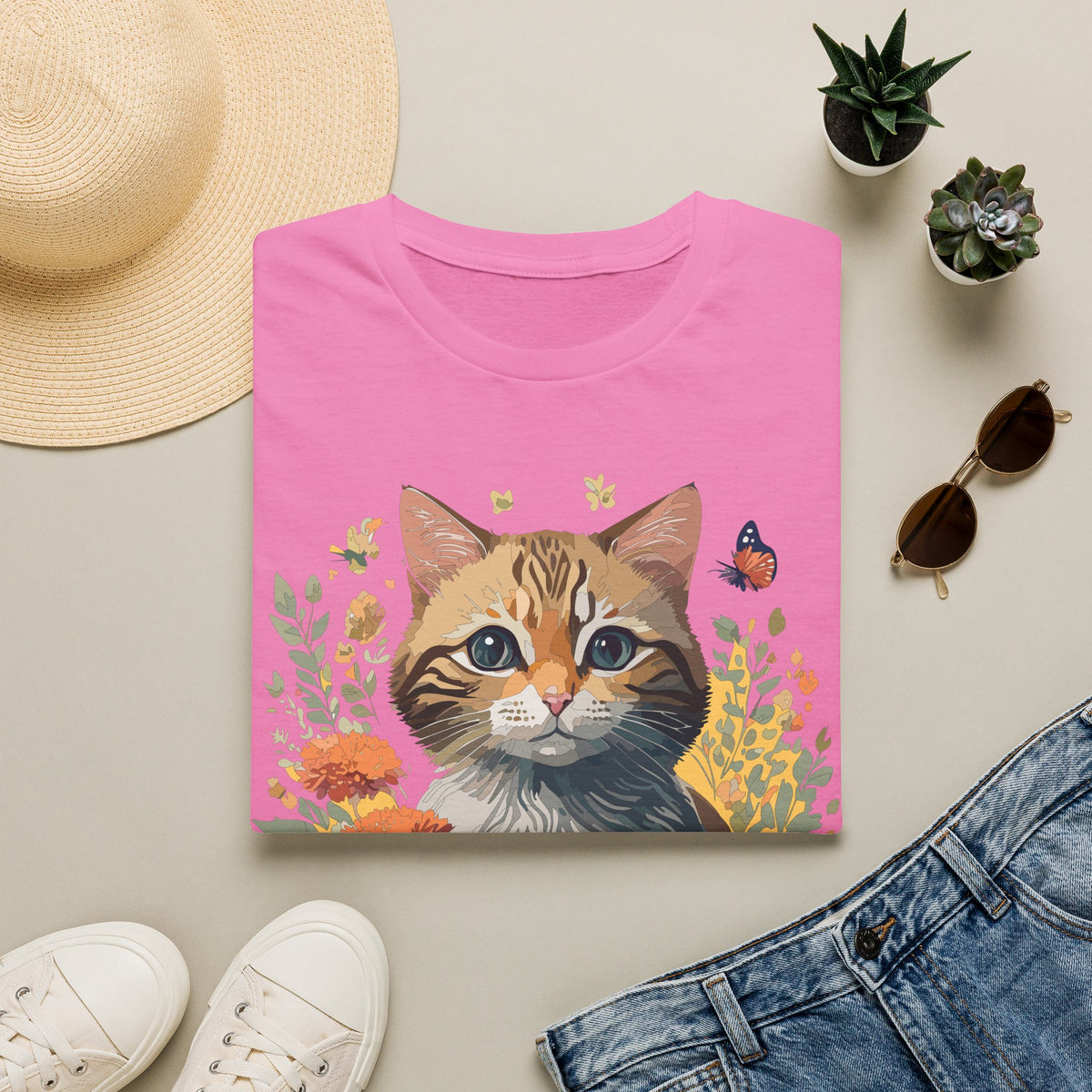 Cute Tabby Kitten Floral Illustration T-Shirt | Cat, Butterfly, Wildflowers Graphic Tee Unisex 100 Cotton Gildan T-Shirt