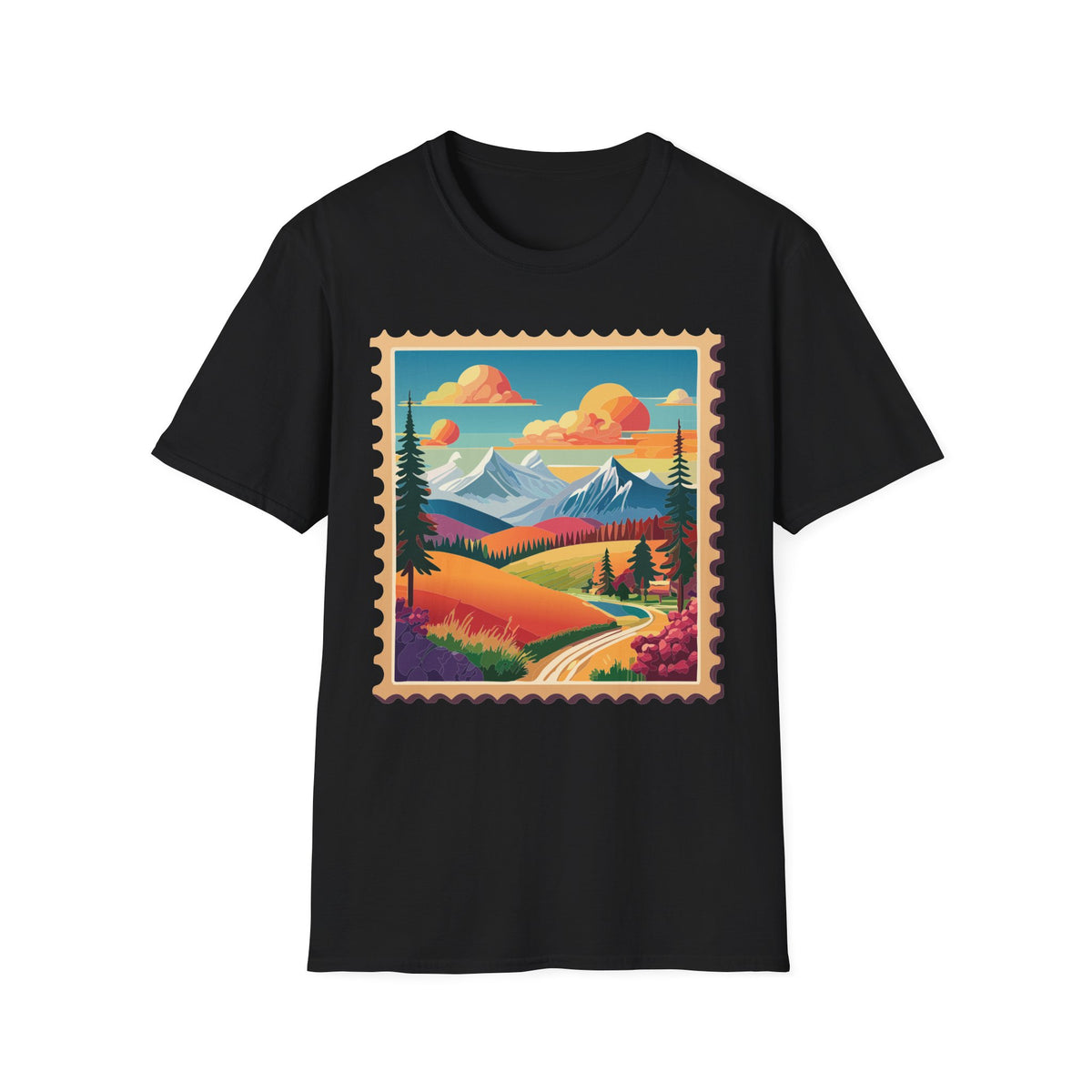 Vintage Mountain Landscape T-Shirt | Scenic Stamp Illustration