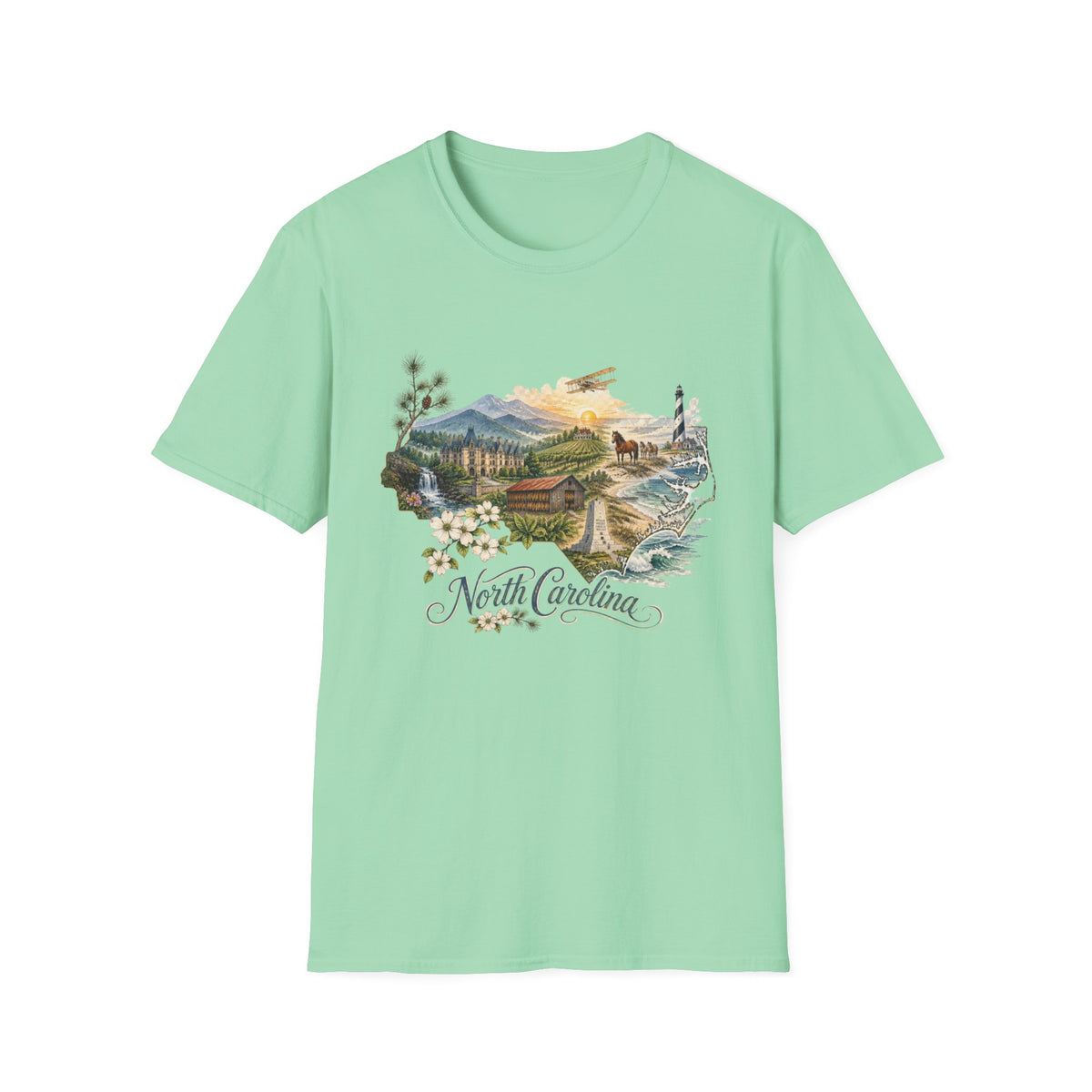 North Carolina State Travel Tourist Graphic Design Unisex 100 Cotton Gildan T-Shirt