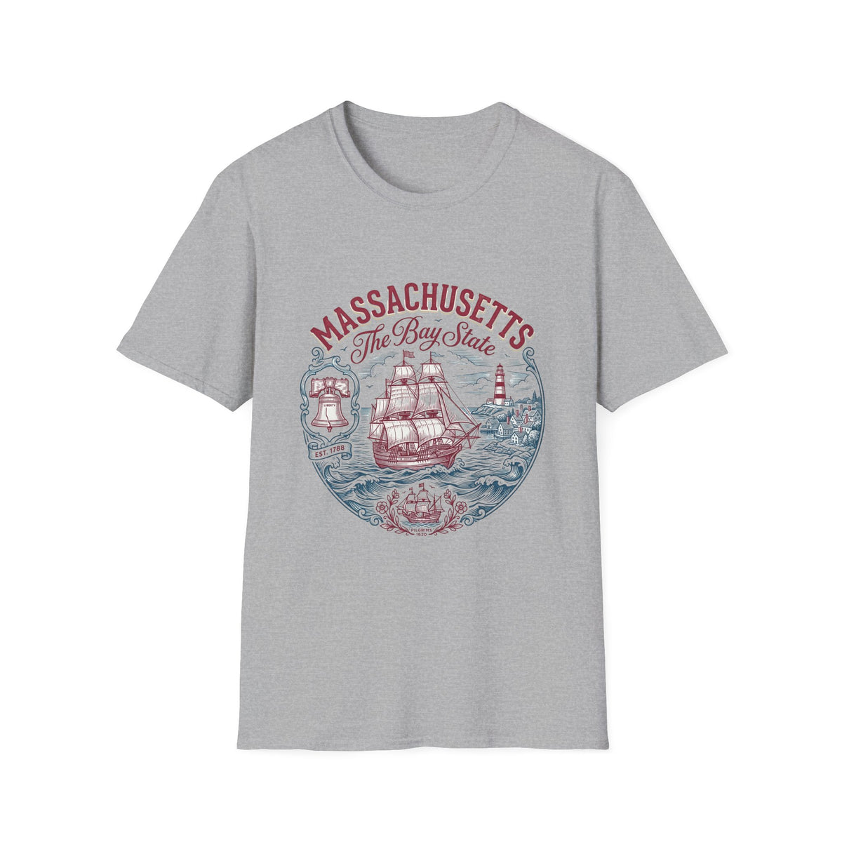 Massachusetts The Bay State T-Shirt – Vintage Nautical Ship Lighthouse Travel Tourist Graphic Design Unisex 100 Cotton Gildan T-Shirt
