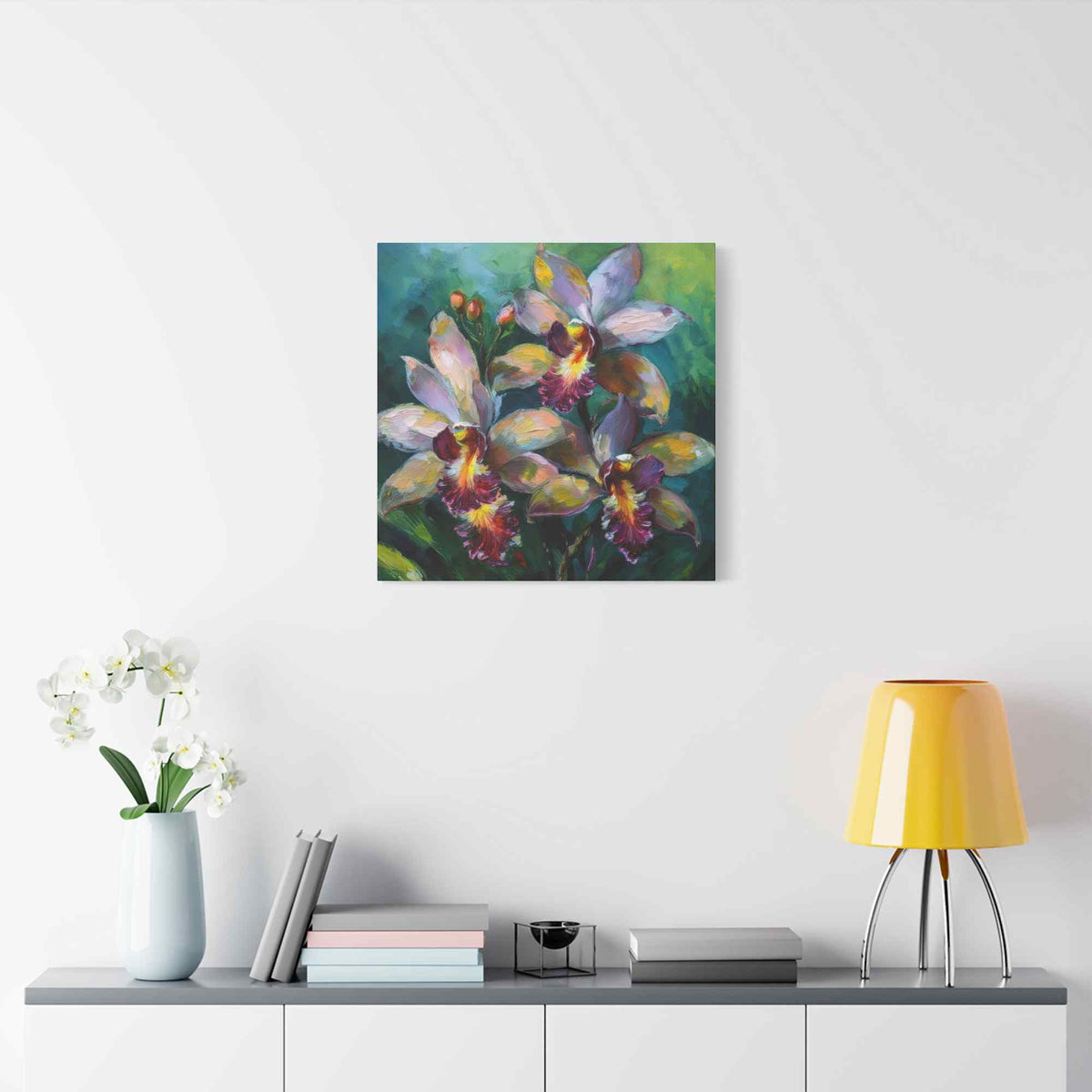 Blue Orchids Print Canvas, Floral Oil Paint Print 20x20, 24x24, 30x30, 32x32, 36x36 Art Design Pine-Wood Inner Frame MC-134