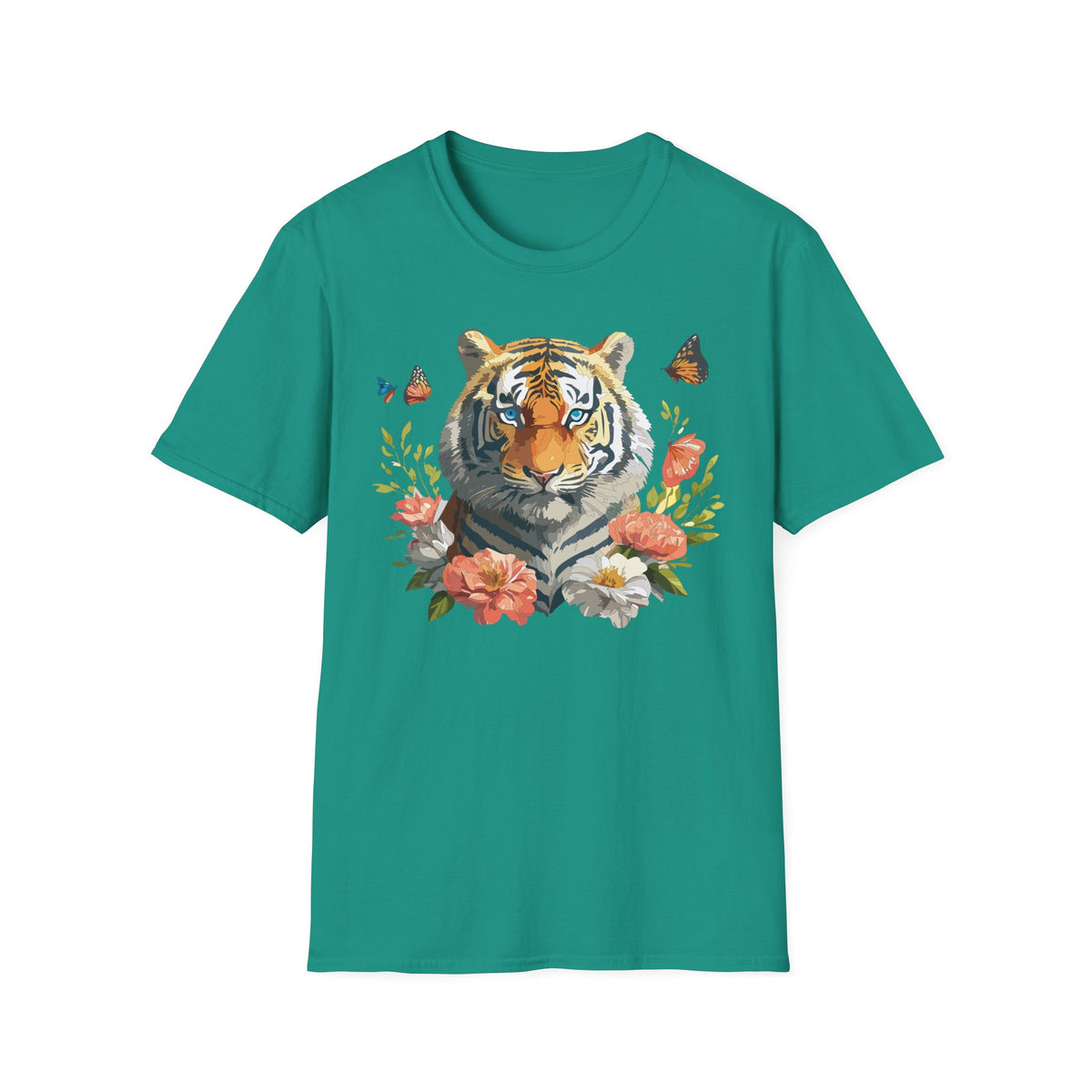 Floral Tiger Portrait T-Shirt | Watercolor Big Cat with Butterflies