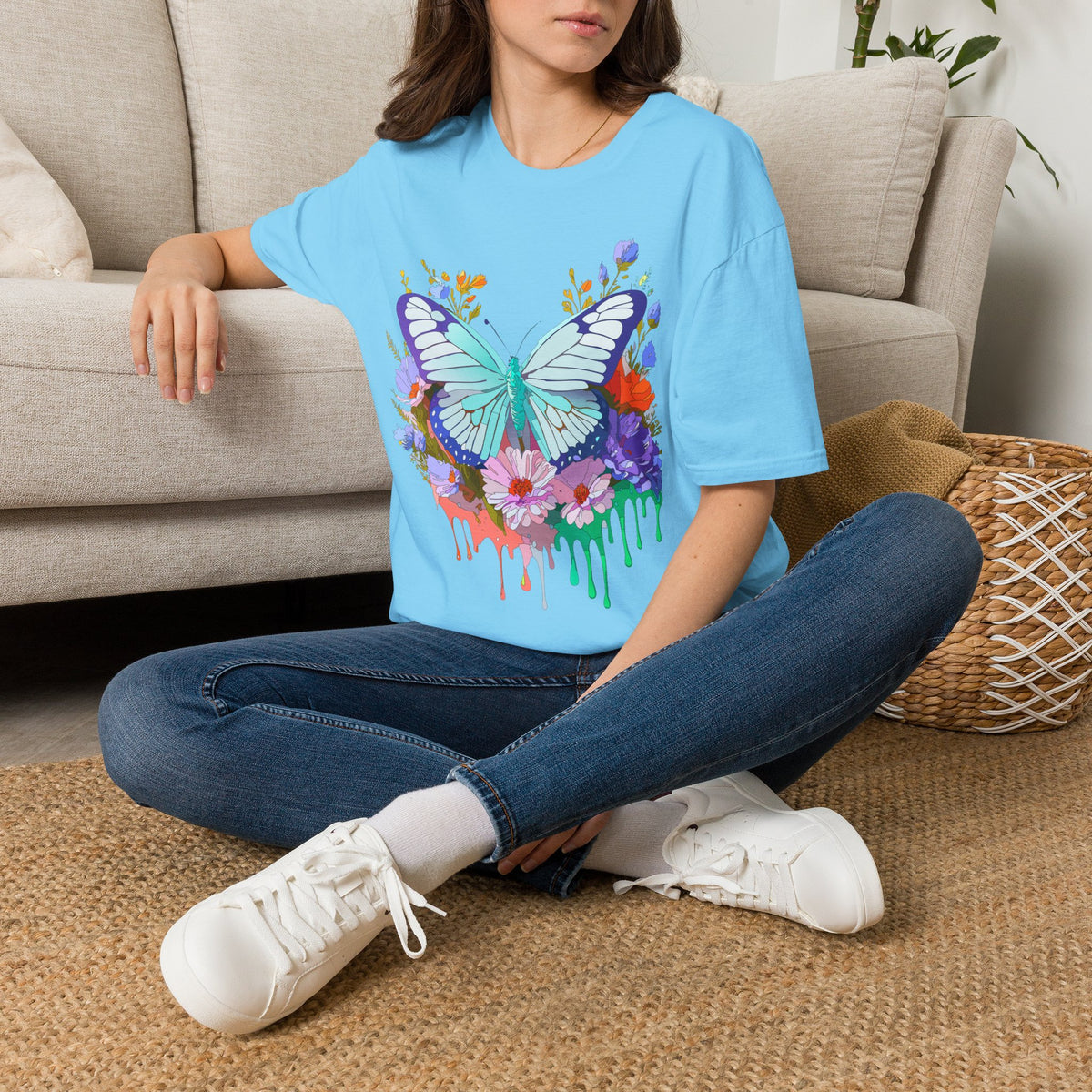 Butterfly Floral Drip T-Shirt — Teal Butterfly with Watercolor Flowers Graphic Tee Unisex 100 Cotton Gildan T-Shirt
