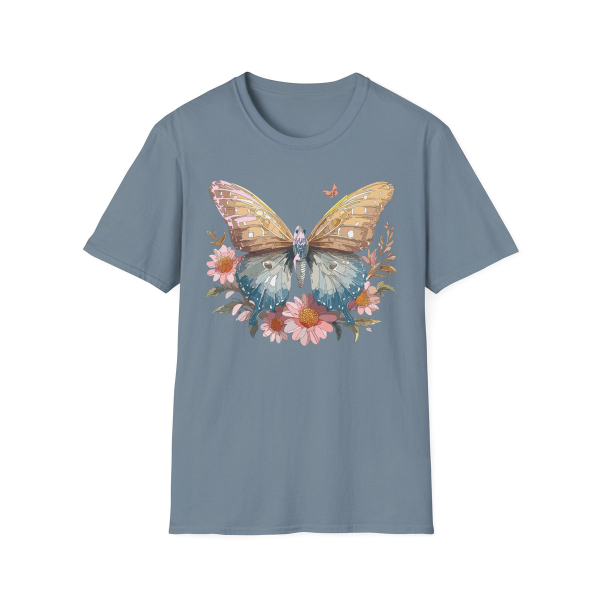 Butterfly Floral T-Shirt – Colorful Nature-Inspired Botanical Gift Graphic Design Unisex 100 Cotton Gildan T-Shirt