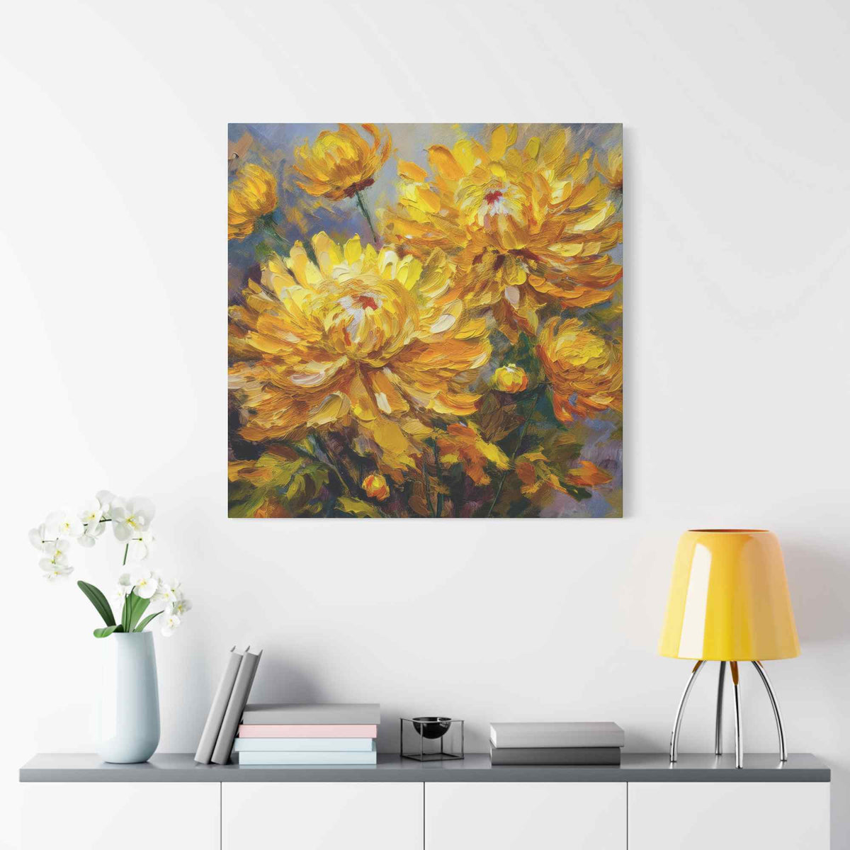 Chrysanthemums Print Canvas, Floral Oil Paint Print 20x20, 24x24, 30x30, 32x32, 36x36 Art Design Pine-Wood Inner Frame MC-164