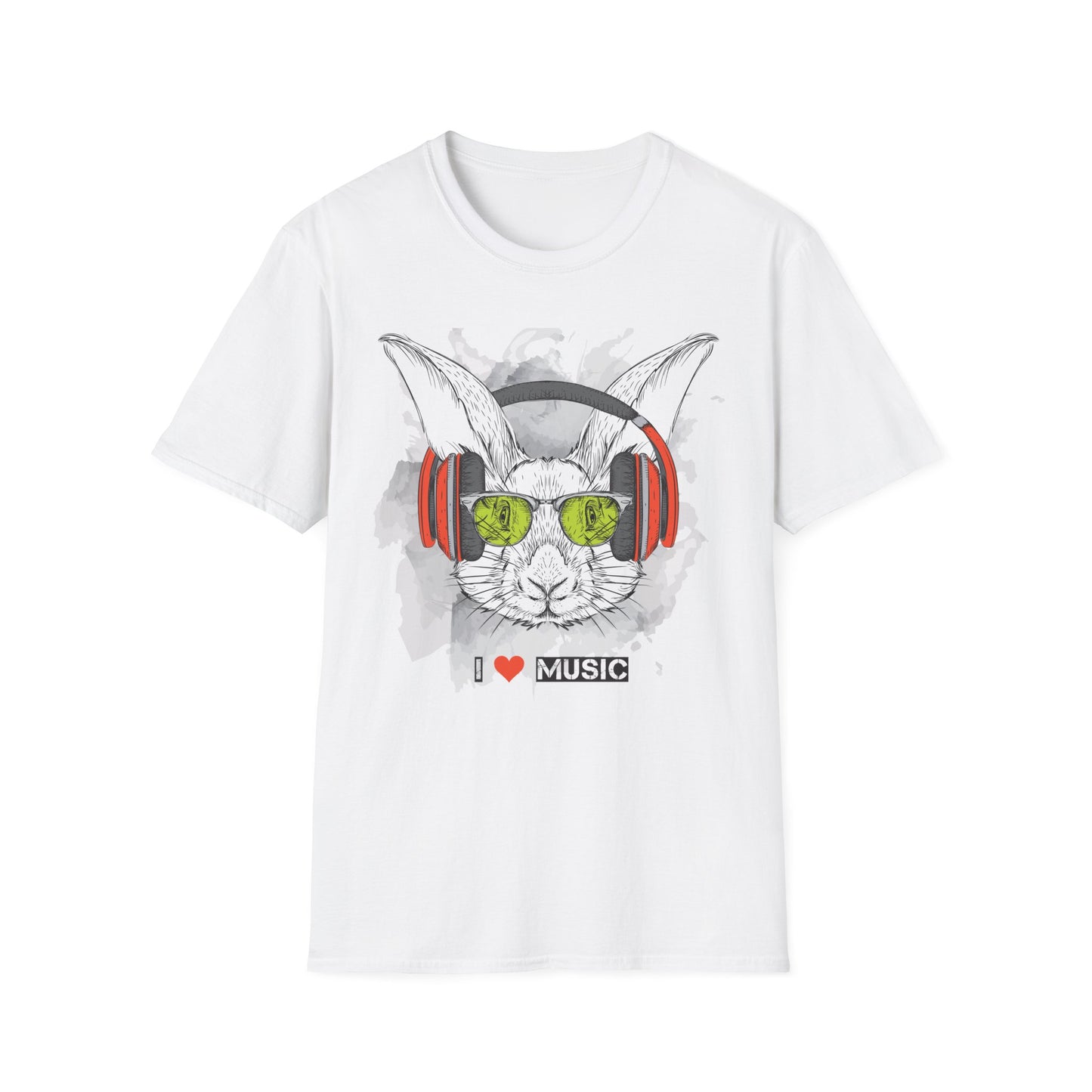 Music Bunny T-Shirt Unisex Cotton Short Sleeves I Love Music Rabbit with Headphones Graphic Tee