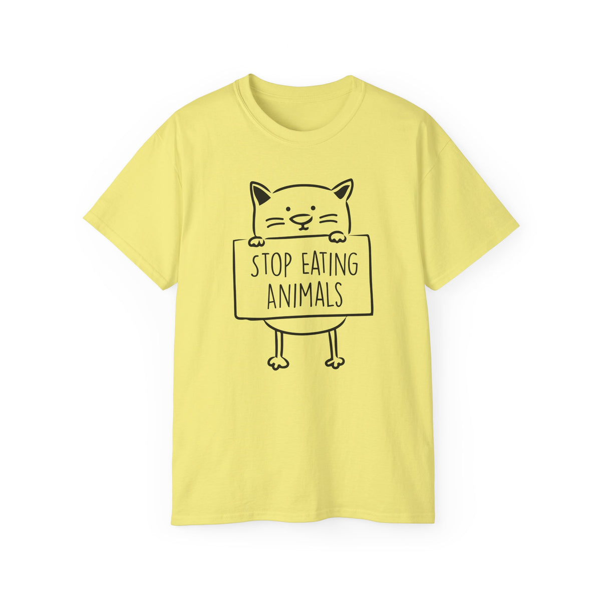Cat Holding Sign Stop Eating Animals T-Shirt | Vegan Animal Rights Tee