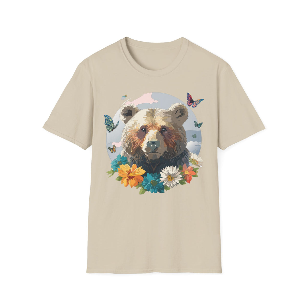 Bear Portrait with Butterflies T-Shirt | Floral Nature Animal Graphic Tee Unisex 100 Cotton Gildan T-Shirt