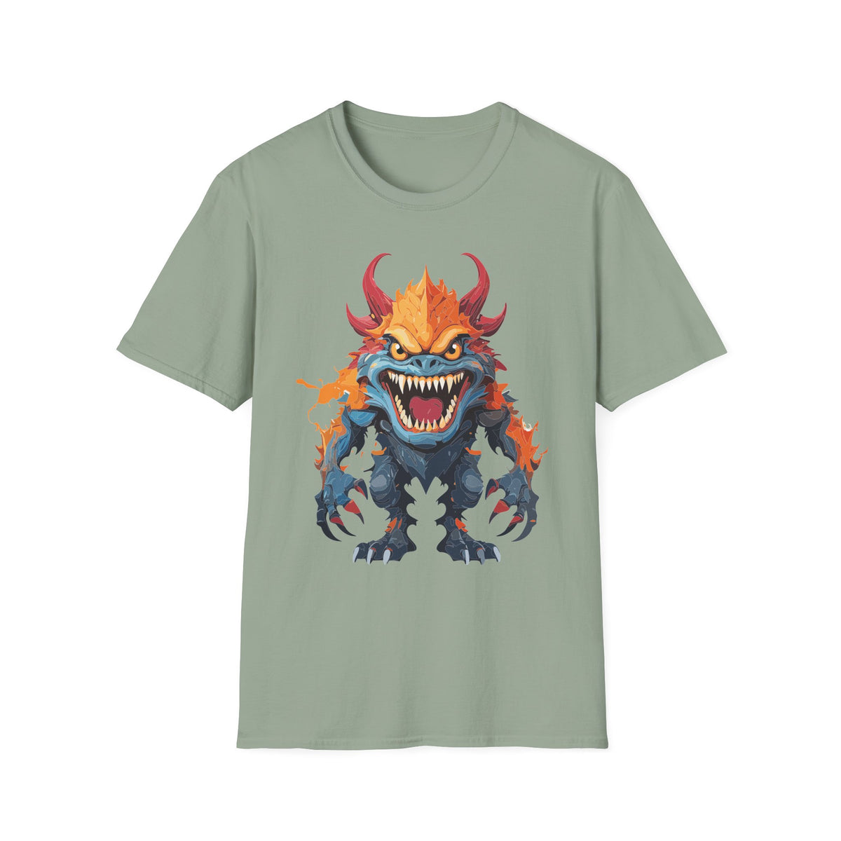 Monster T-Shirt — Fiery Demon Creature Cartoon Graphic Tee Unisex 100 Cotton Gildan T-Shirt