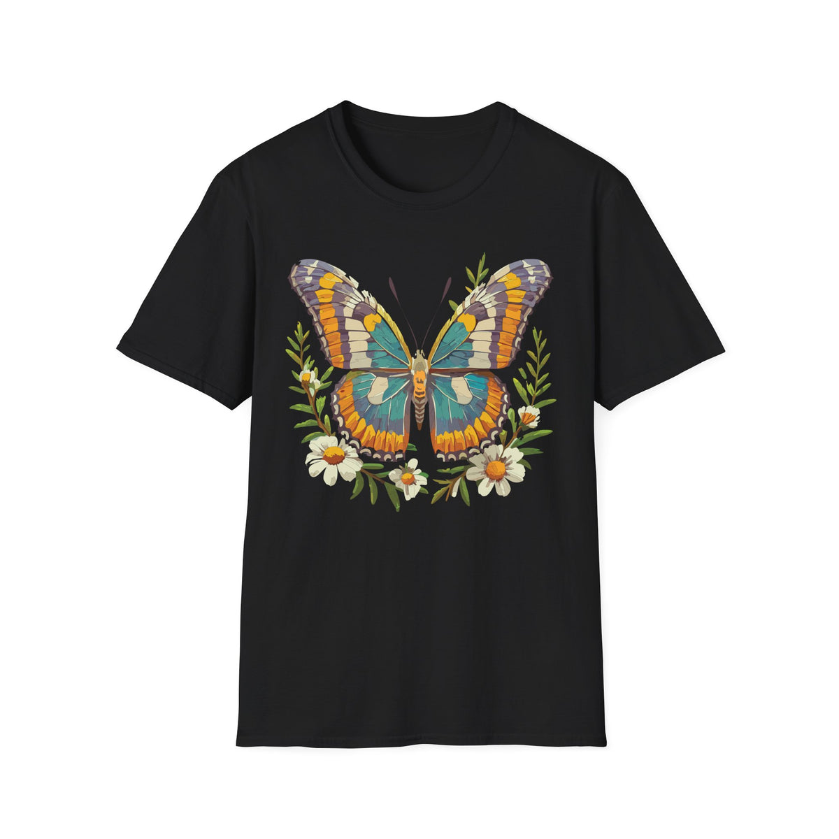 Teal Orange Butterfly T-Shirt | Floral Butterfly Illustration Graphic Tee Unisex 100 Cotton Gildan T-Shirt