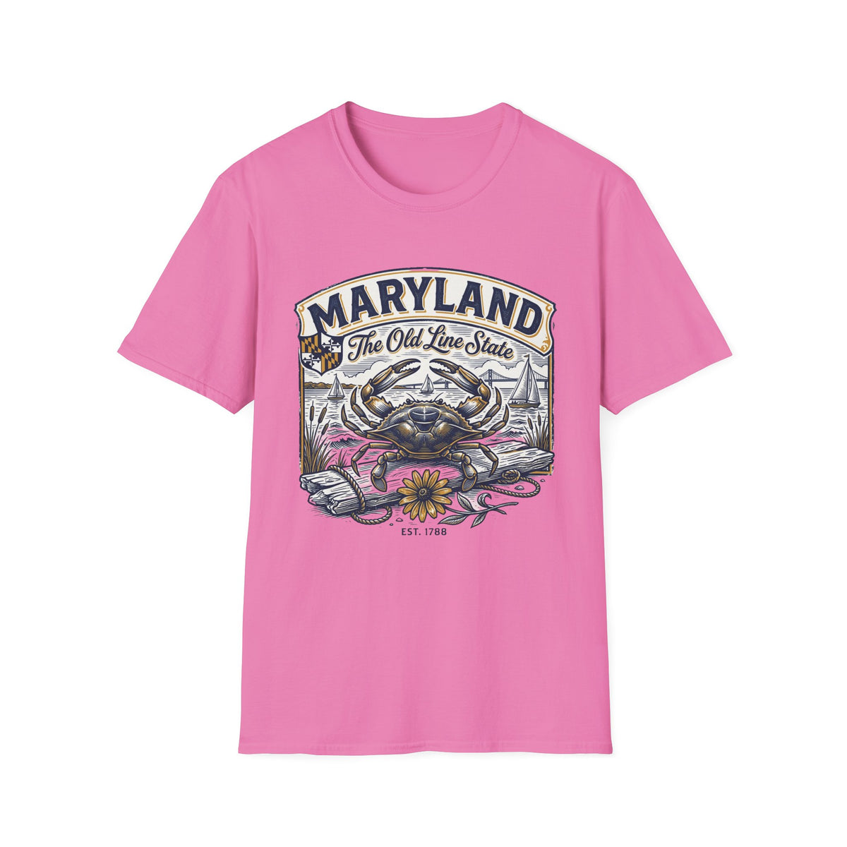 Maryland The Old Line State T-Shirt — Blue Crab Chesapeake Vintage Travel Tourist Graphic Design Unisex 100 Cotton Gildan T-Shirt